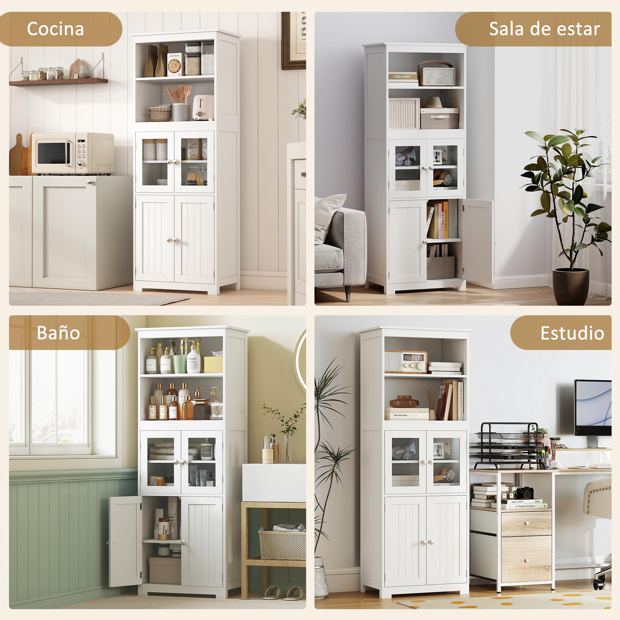 HOMCOM Alacena de Cocina Aparador de Comedor Armario de Cocina con 4 Puertas 2 Estantes Abiertos y Estante Ajustable para Salón 60x30x162 cm Blanco