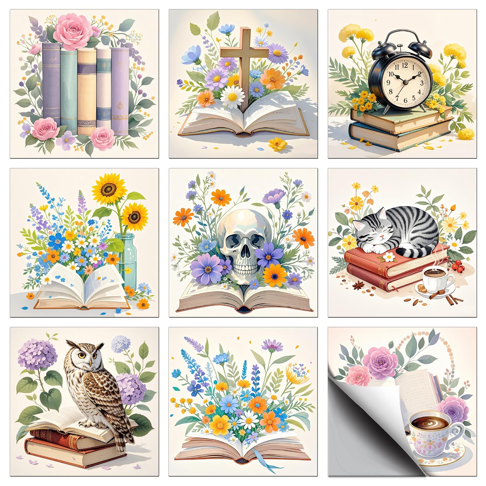 CONCHLERY 36 Pcs 9 Style Tile Stickers Retro Style Peel and Stick Book Graphics Wall Tile Stickers Waterproof Self Adhesive Stick on Tiles Decals for Kitchen Bathroom Wall Art Decor, 4ร4 Inch โ image 1