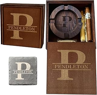 Cigar Ash Tray Set for Men Home Ashtrays With Engraved Name Personalized Walnut Wooden Outdoor Cigar Ash Tray for Husband Dad Grandpa Groomsman Birthday Anniversary Christmas Gifts