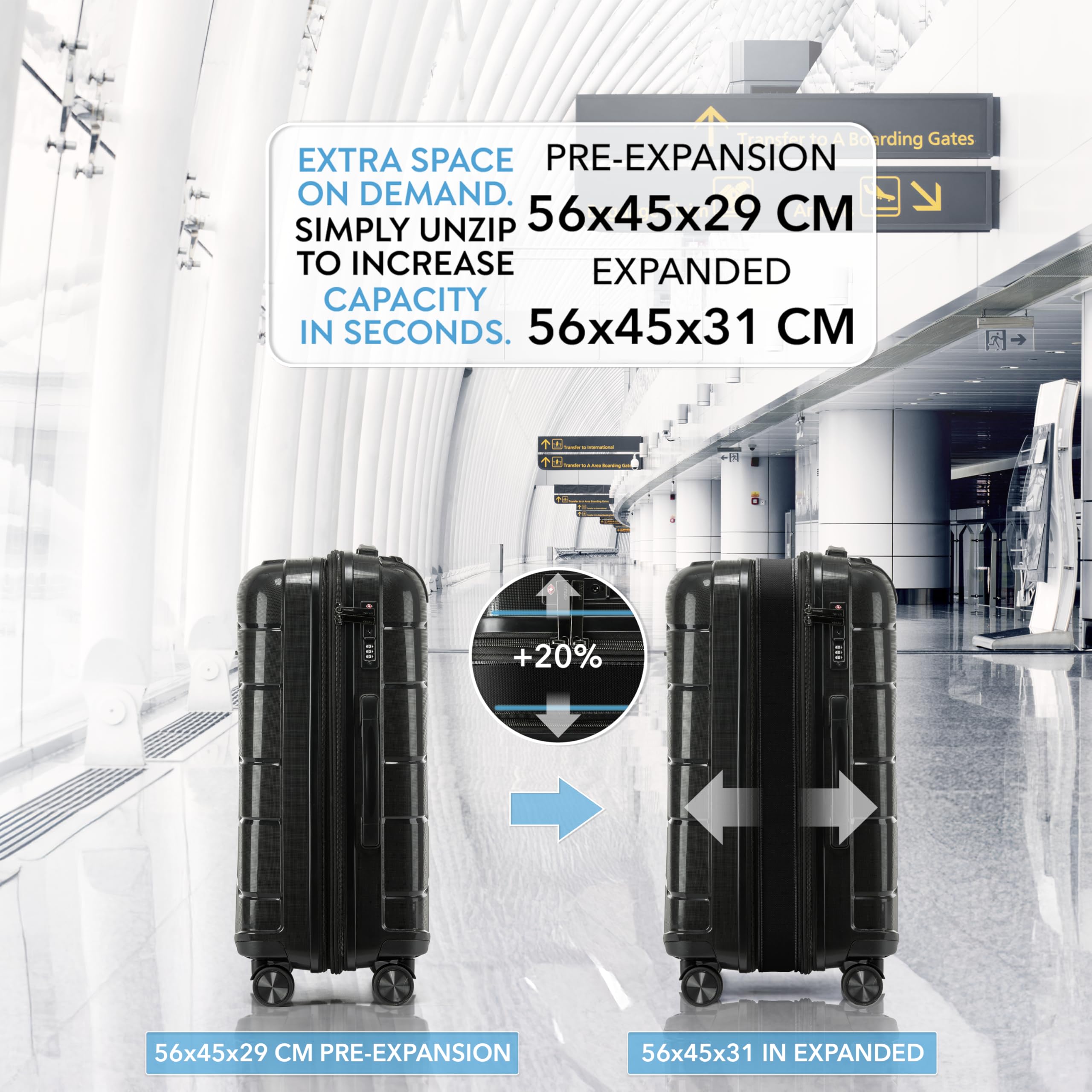 CRUW Medium 24" Checked Luggage 56x45x29cm + Expandable Hold Baggage (64/80 Liters) Polypropylene Suitcase TSA Approved Lock 8 Silent Spinner Wheels Lightweight Suitcases Airline-Approved Travel