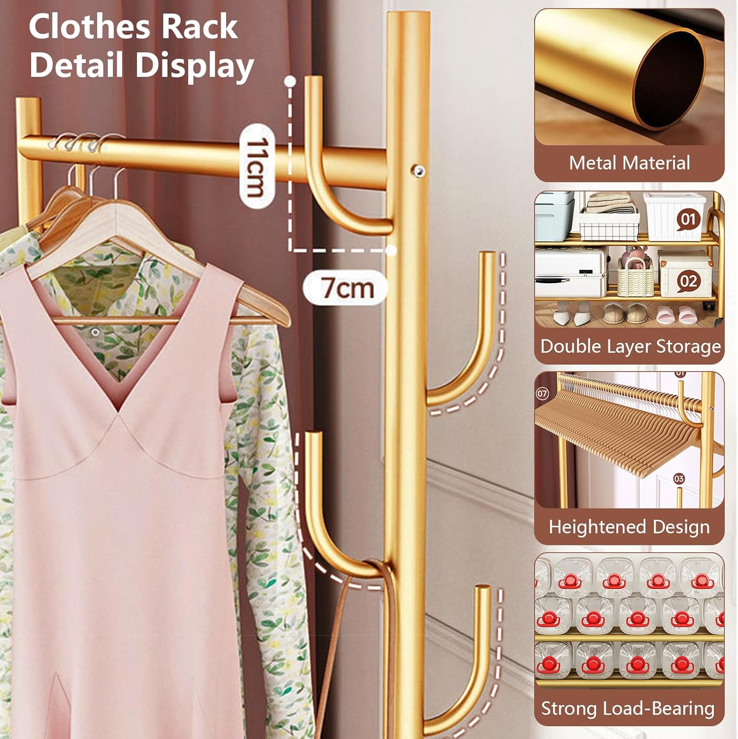 Clothes Rack, Standing 360° Rolling Clothing Rack for Hanging Clothes, Sturdy Metal Garment Racks, Multifunctional Clothes Organizer, Coat Rack for Bedroom Laundry Living Room (Gold, 59×14.5×65inch)