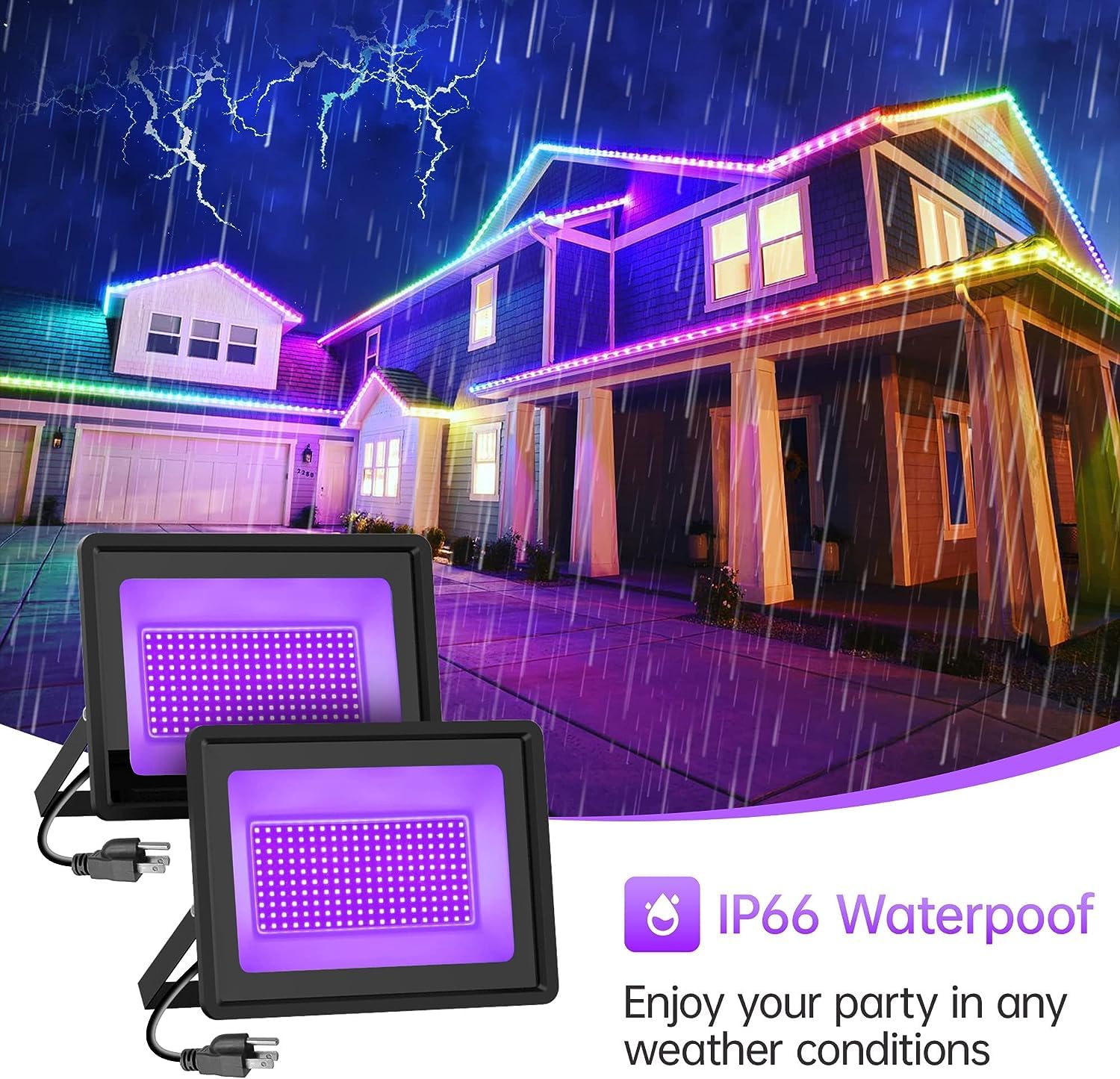 Black Lights 2 Pack 300W LED Blacklight Flood Light Outdoor with Plug IP66 Waterproof Black Flood Light Neon Glow for Party Halloween, Fluorescent Poster, Body Paint