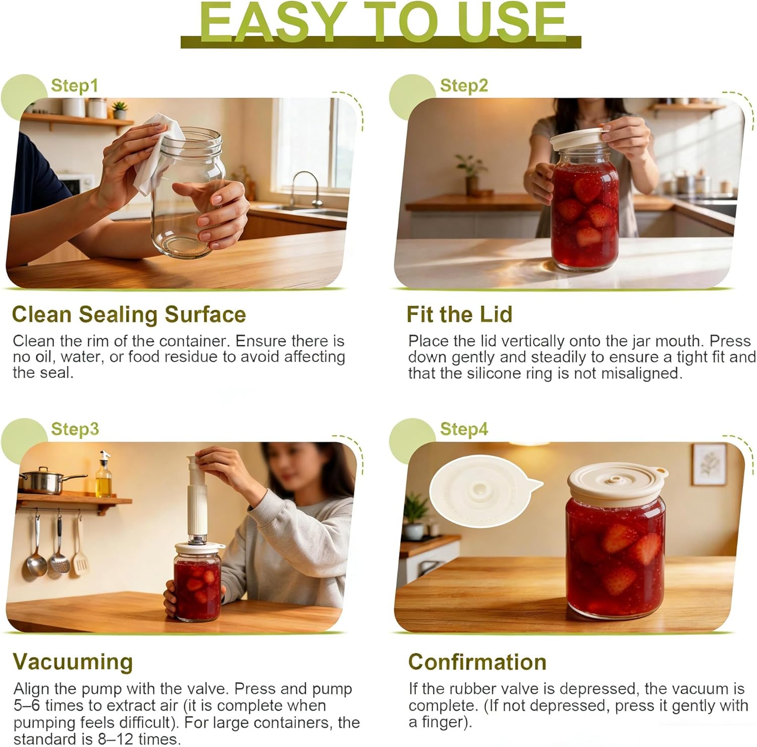 Jar Vacuum Sealer Lids 6 Pack, Faster & High-Suction Handheld Vacuum Sealer, Universal Lids for Wide/Regular/Small Mouth Jars, Airtight Seal for Food, Juice & Smoothies to Extend Freshness