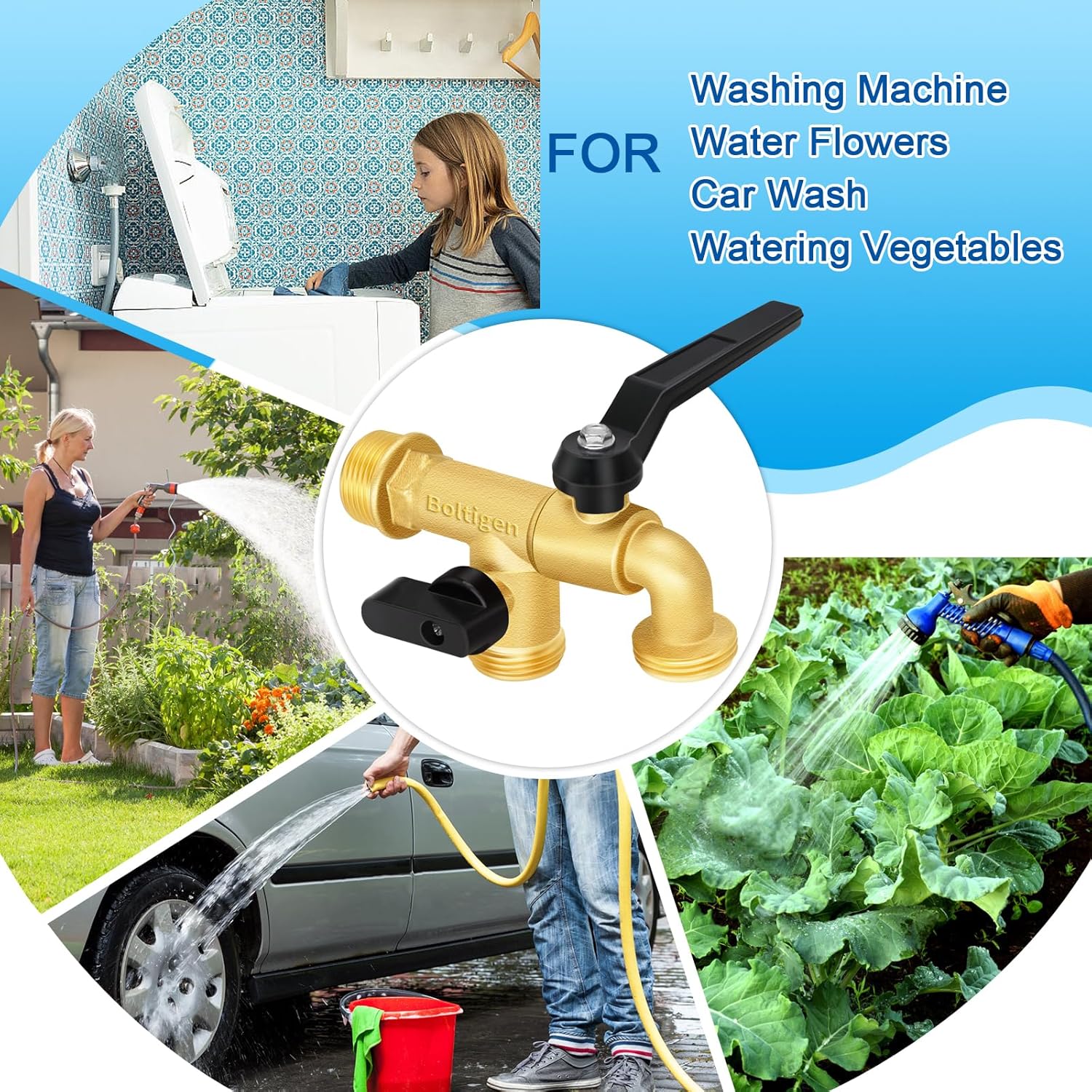 Boltigen 3/4 inch NPT Outdoor Double Taps Water Faucet, 2 Way Brass Ball Valves Wall Mounted Garden Water Hose Splitter, Frost-Proof Outside Spigot Faucet for Home Hose Connector