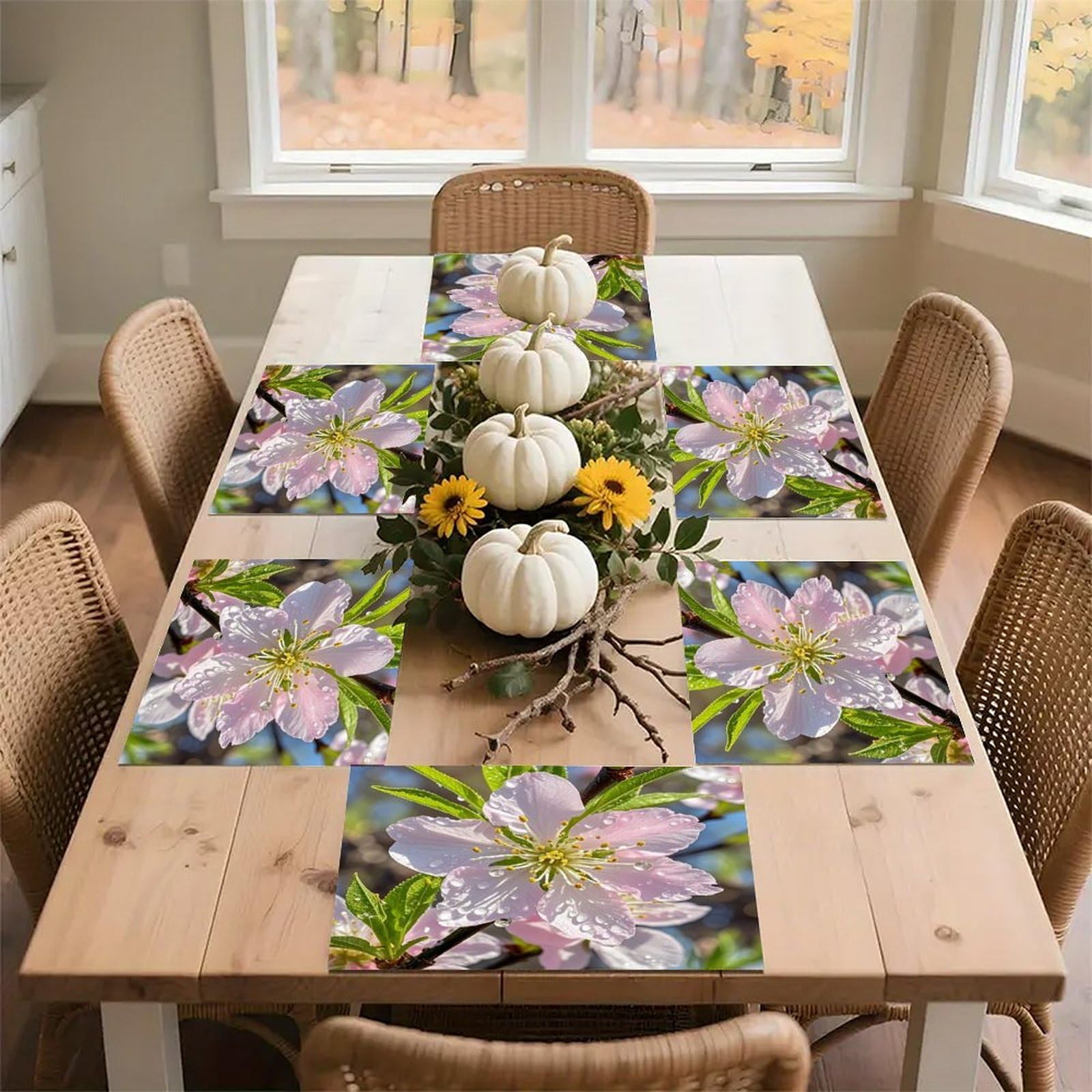 Peach Cherry Blossom Placemats Flax Place Mats for Dining Table Rectangle Non-Slip Table Mats Heat Resistant Washable Placemat for Kitchen Home Decor Party Outdoor 12" X 18"