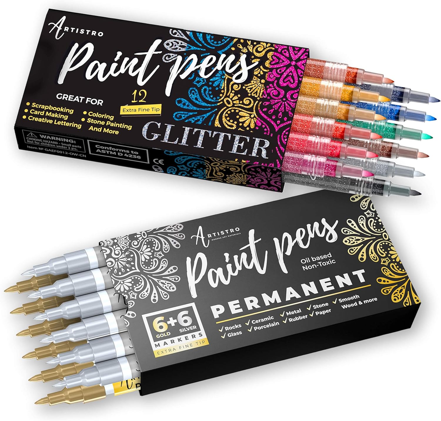ARTISTRO 12 Glitter Paint Pens ExtraFine Tip and 12 Gold