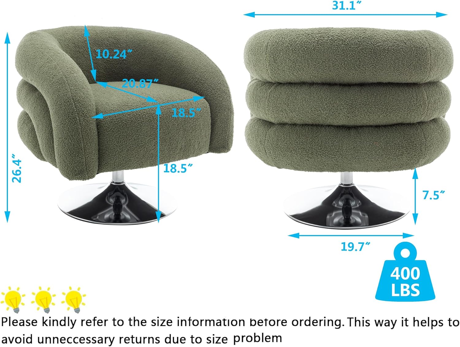 mikibama Teddy Swivel Barrel Chair,Upholstered Round Accent Club Chairs for Living Room,Modern Fuzzy Single Sofa Chair,Sherpa Swoop Armchair with Silver Chrome Leg Base. (Teddy Green)