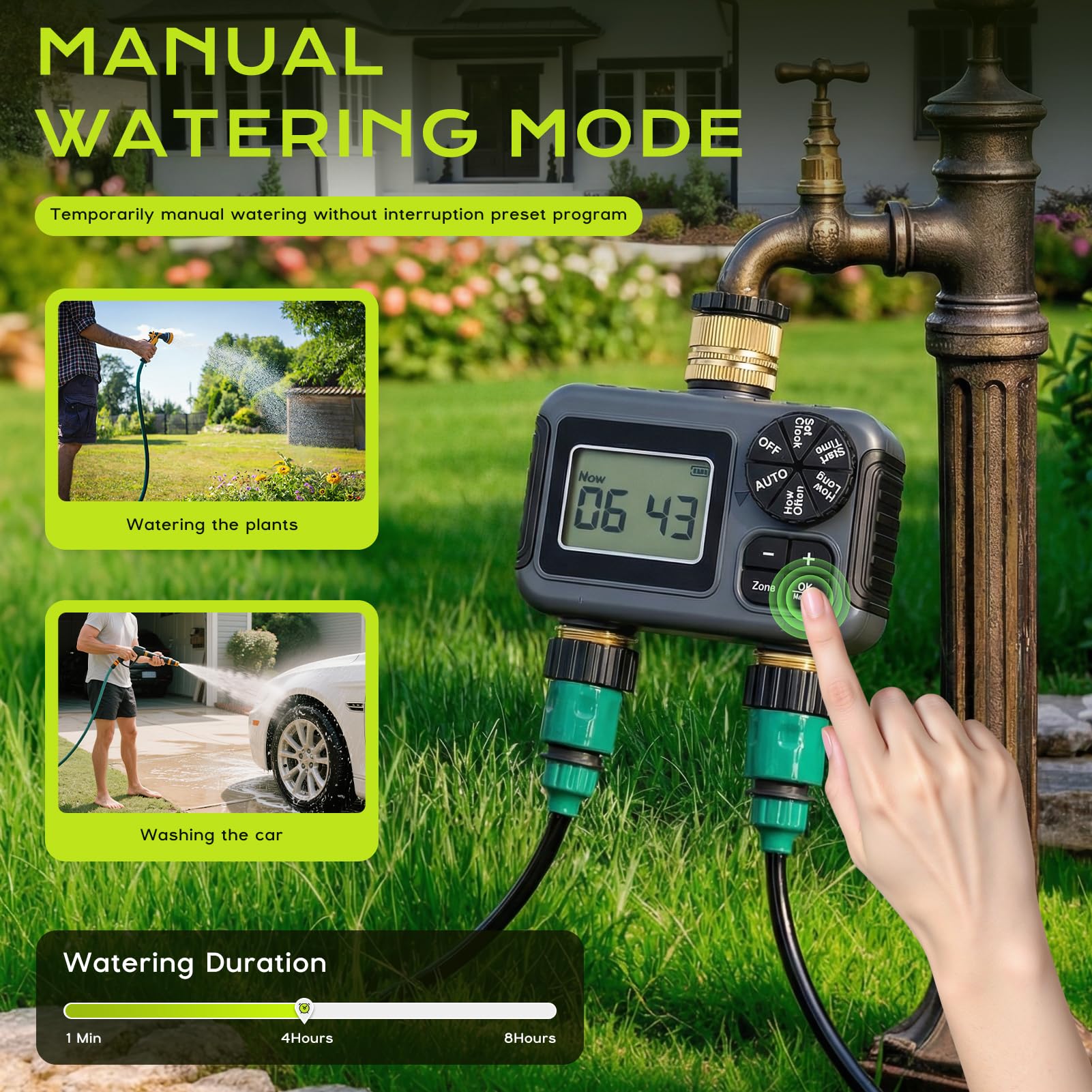 Programmateur Arrosage 2 Voies IPX5 Étanche Minuteur Arrosage Automatique avec Entrée et Sortie en Laiton, Retard de Pluie, Arrosage Automatique et Manuel, Minuterie d'irrigation pour Jardin Pelouse