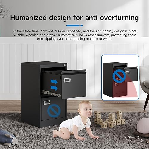 Miniatura 4 de BYNSOE Archivador de 2 cajones con cerradura, de metal, vertical, archivador vertical de acero para oficina o hogar, archivador vertical para tamaño