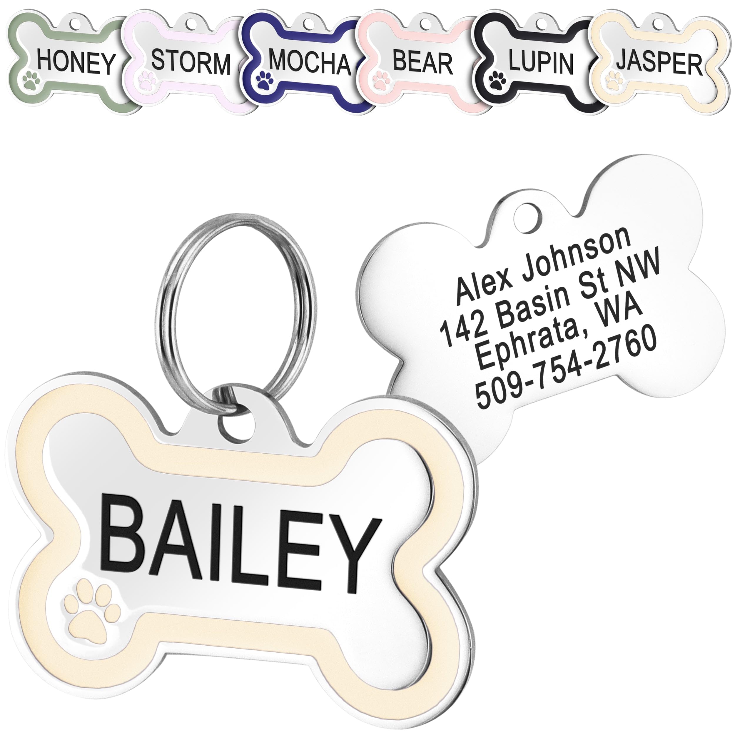 GoTags Stainless Steel Bone Dog Tag with Color Outline and Paw Print, Personalized Pet ID Tag for Dogs and Cats, Custom Engraving with up to 5 Lines