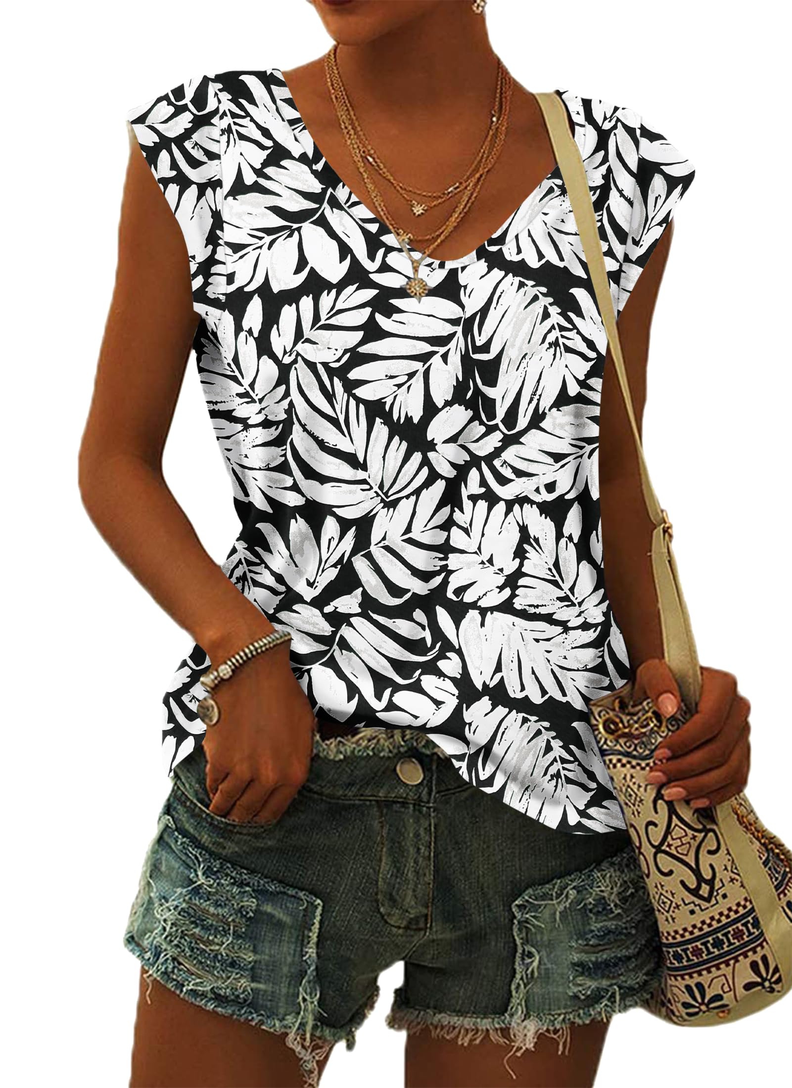 WNEEDU T-Shirt Damen Sommer V Ausschnitt Tank Top Locker Bluse Oberteile Top Sommer Damen Leicht und Luftig mit Flügelärmeln