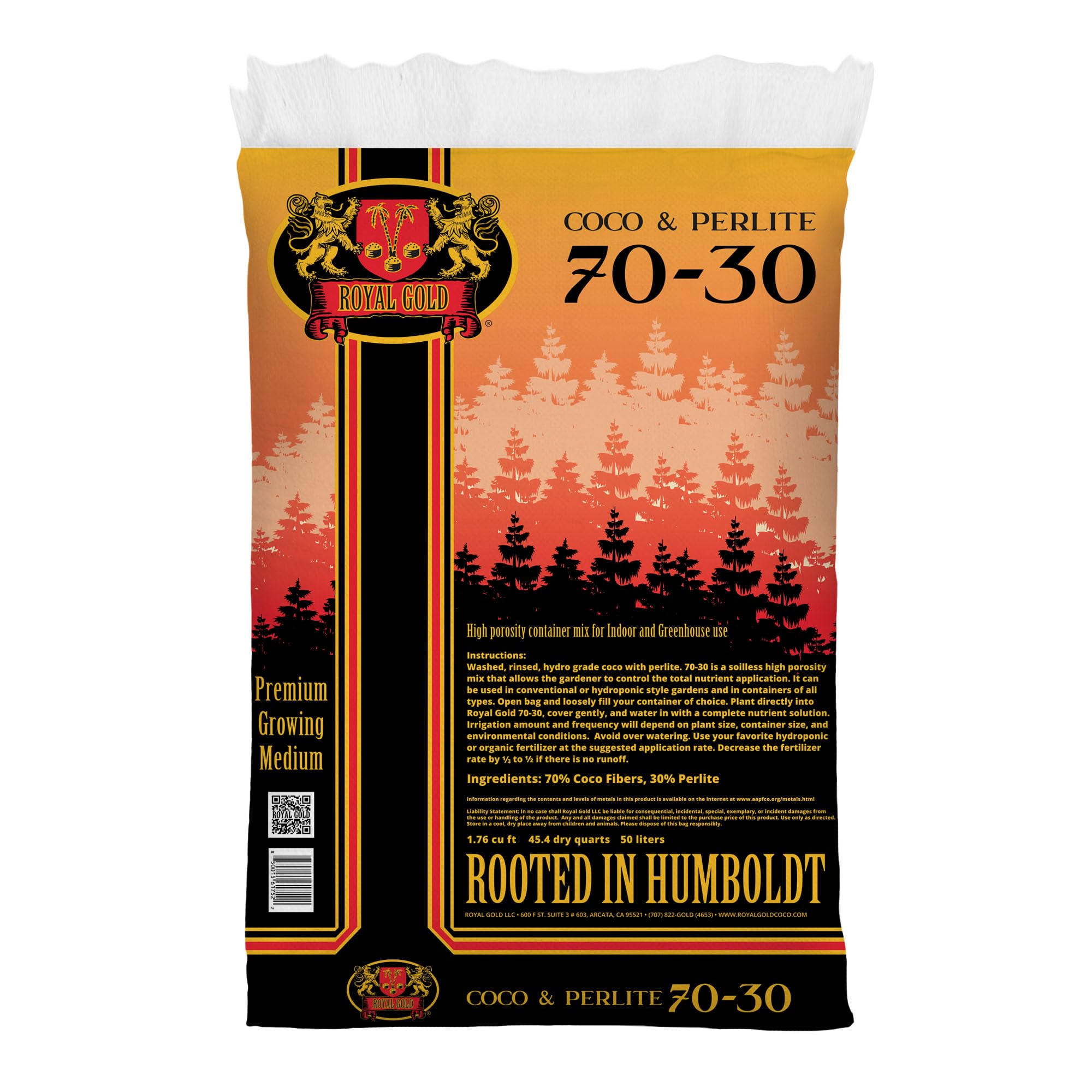 Royal Gold Coco & Perlite 70-30 Premium Soilless Growing Medium, 1.76 Cubic Foot - Ready to Use, High Porosity Container Mix for Indoor and Greenhouse Applications