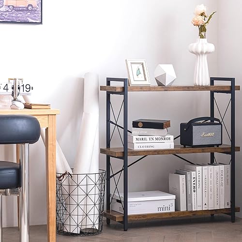 Miniatura 8 de HCHQHS Bookshelf, 3-Tier Industrial Bookcase, Rustic Open Book Shelf, Wood and Metal Horizontal Bookshelves Marrón (Rustic Brown),Blanco nube,Ébano