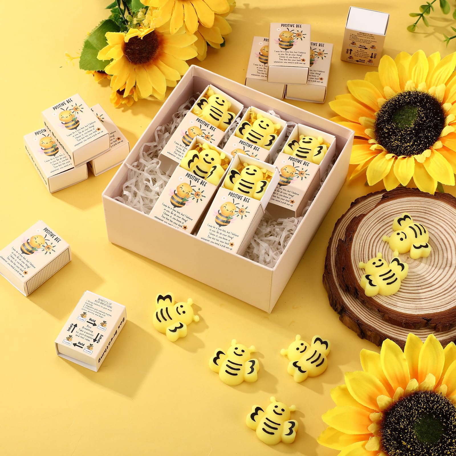 Wettarn 12 Sets Bee Gifts Positive Stress Balls with Support Boxes Bulk Party Favors for Employee Coworker Friends Office Classroom Rewards Cute Inspirational Relief Toys Yellow Desk Decor