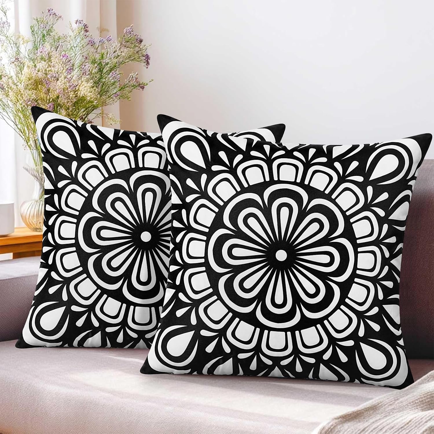 cygnus Boho Waterproof Outdoor Pillow Covers 18x18 inch Black and White Mandala Outdoor Pillows for Patio Furniture,Garden,Deck, Porch