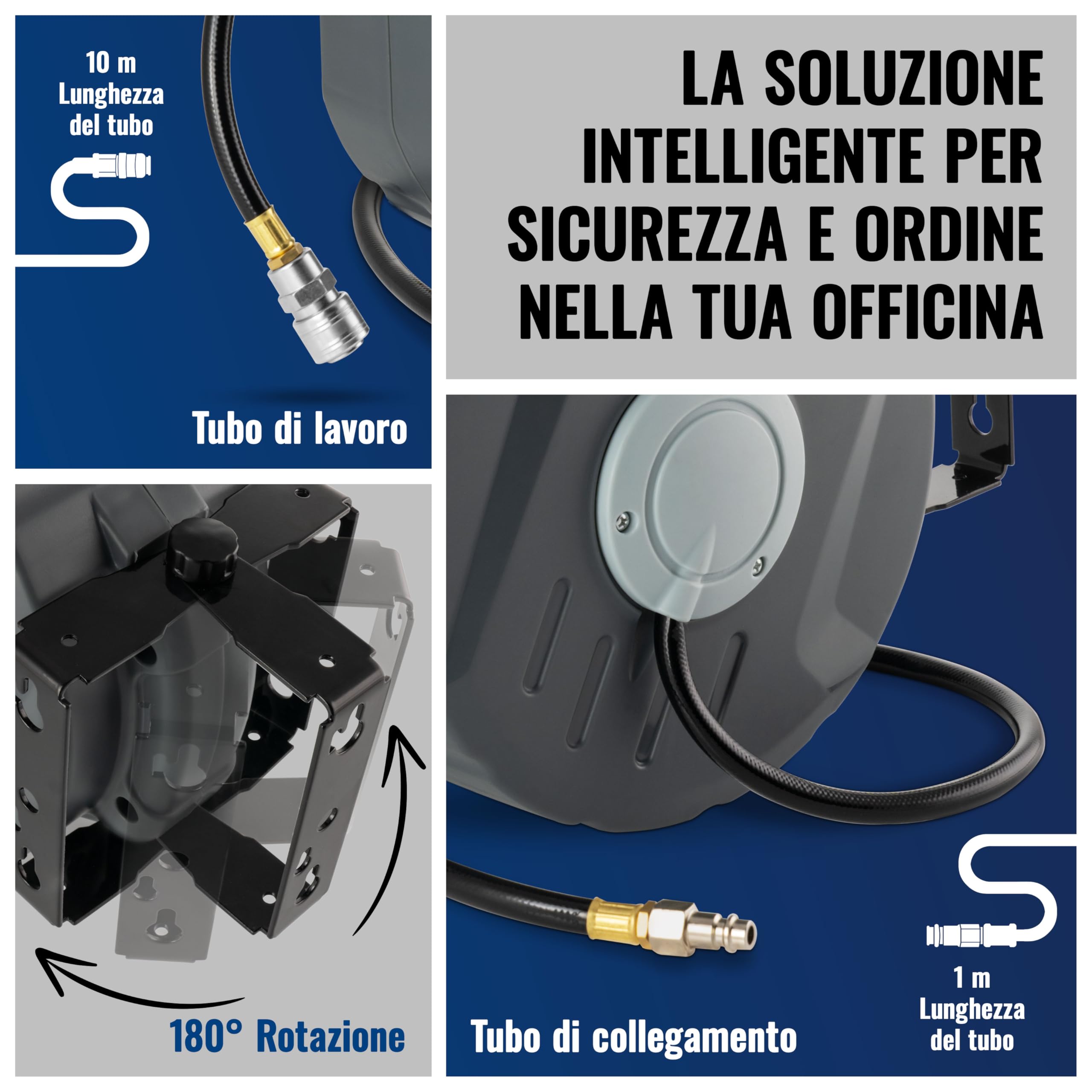 Poppstar Avvolgitubo per tubi ad aria compressa (tubo: 10m + 1m, diametro interno 5/16" (8x12mm), 1/4" BSPT), arrotolatore tubo con riavvolgimento automatico per tubi ad aria compressa