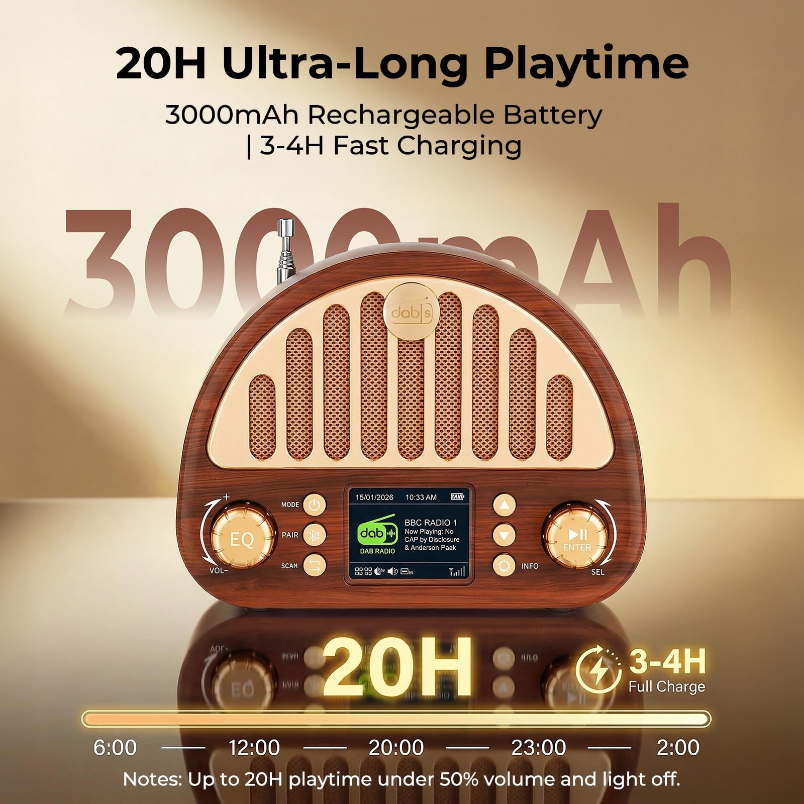 ROCAM Radio DAB+/FM, radio rétro avec Bluetooth 5.0, haut-parleur Full Sound 8 W, batterie 3000 mAh, écran couleur 2", RDS, AUX IN/cartes MicroSD, double réveil, minuterie de sommeil, 80 préréglages