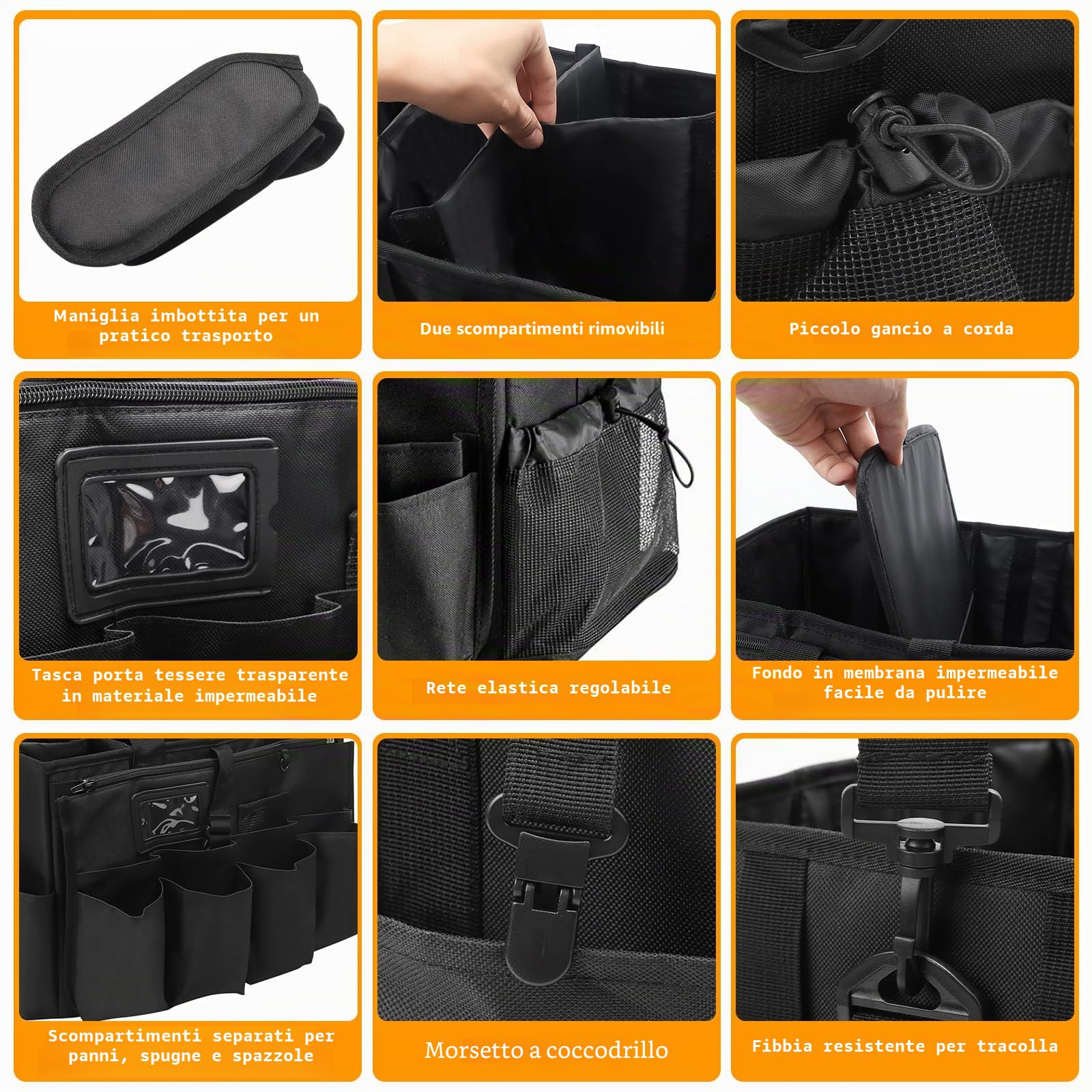 Cesto per la Conservazione dei Prodotti per la Pulizia, Borsa per Kit Pulizia Auto, Cestino Porta Attrezzi, Organizzatore per la Pulizia, con Spallacci Regolabili, Accessori pulizia Casa, Impermeabile