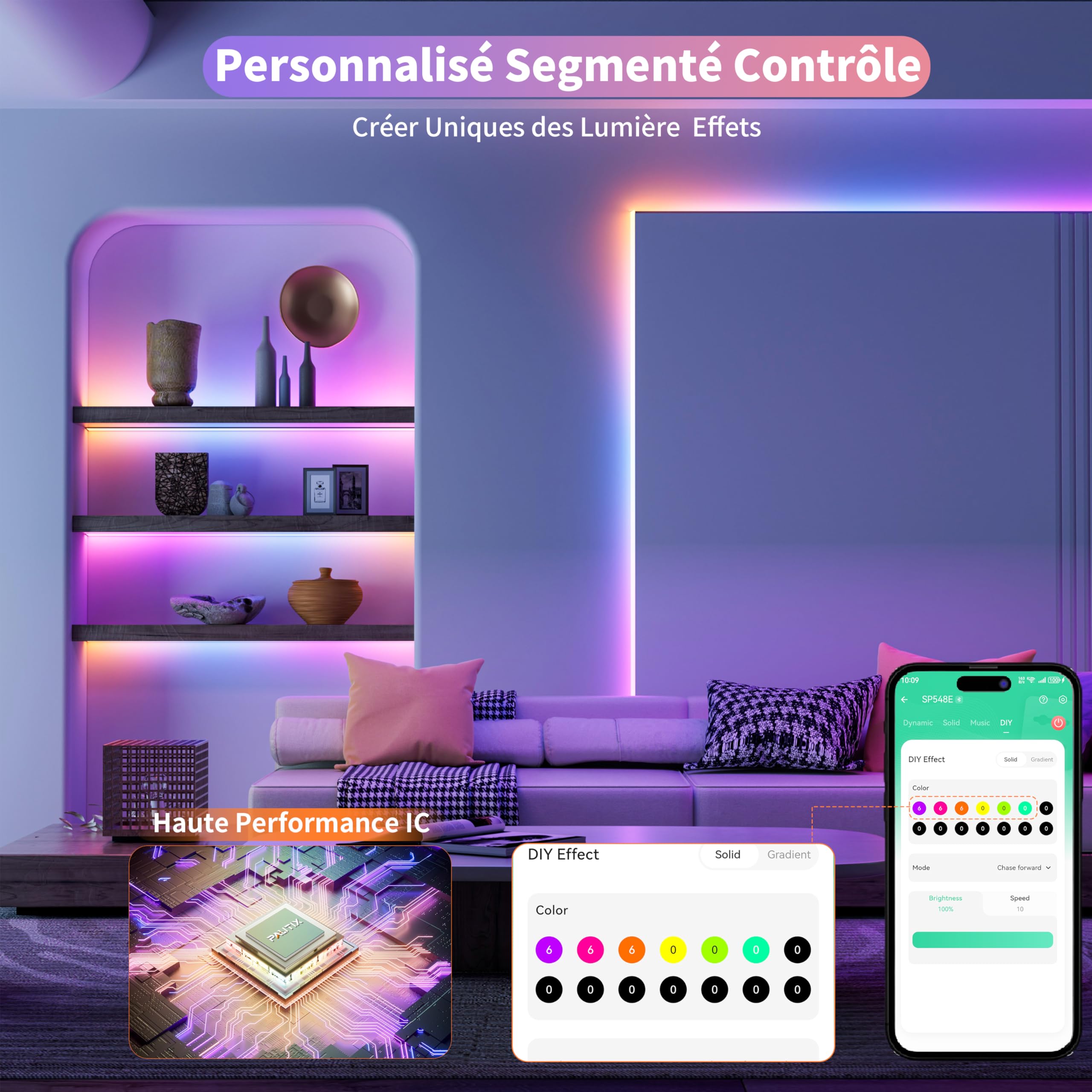 PAUTIX RGB Smart IC Ruban LED COB 10M Kit, DC24V Pixels à Changement de Couleur Adressable Smart RGB LED Bande Lumineuse Travailler pour Alexa/Google Assistant, 12mm 3 Broches L-forme COB Connecteur