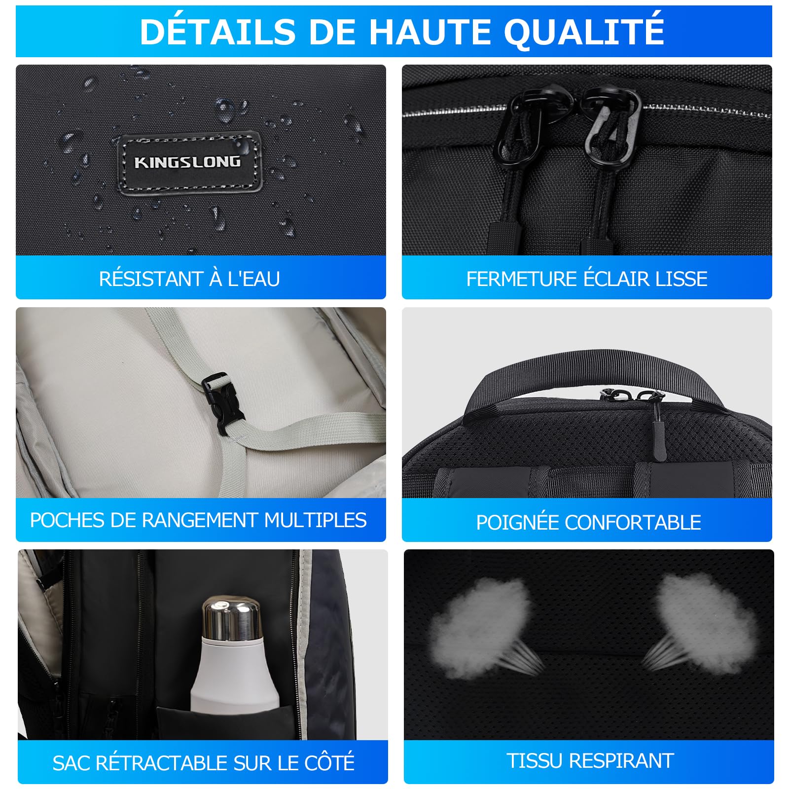 KINGSLONG Sac a Dos Sous Vides: 65L RÉSISTANT À L'EAU Sac de Voyage Vide COMPACT PROTECTION LAPTOP 17.3'' Pome Incluse IDÉAL Avion/EASYJET/RYANAIR ÉTanche Sac à Dos Business Outdoor Hiking Noir