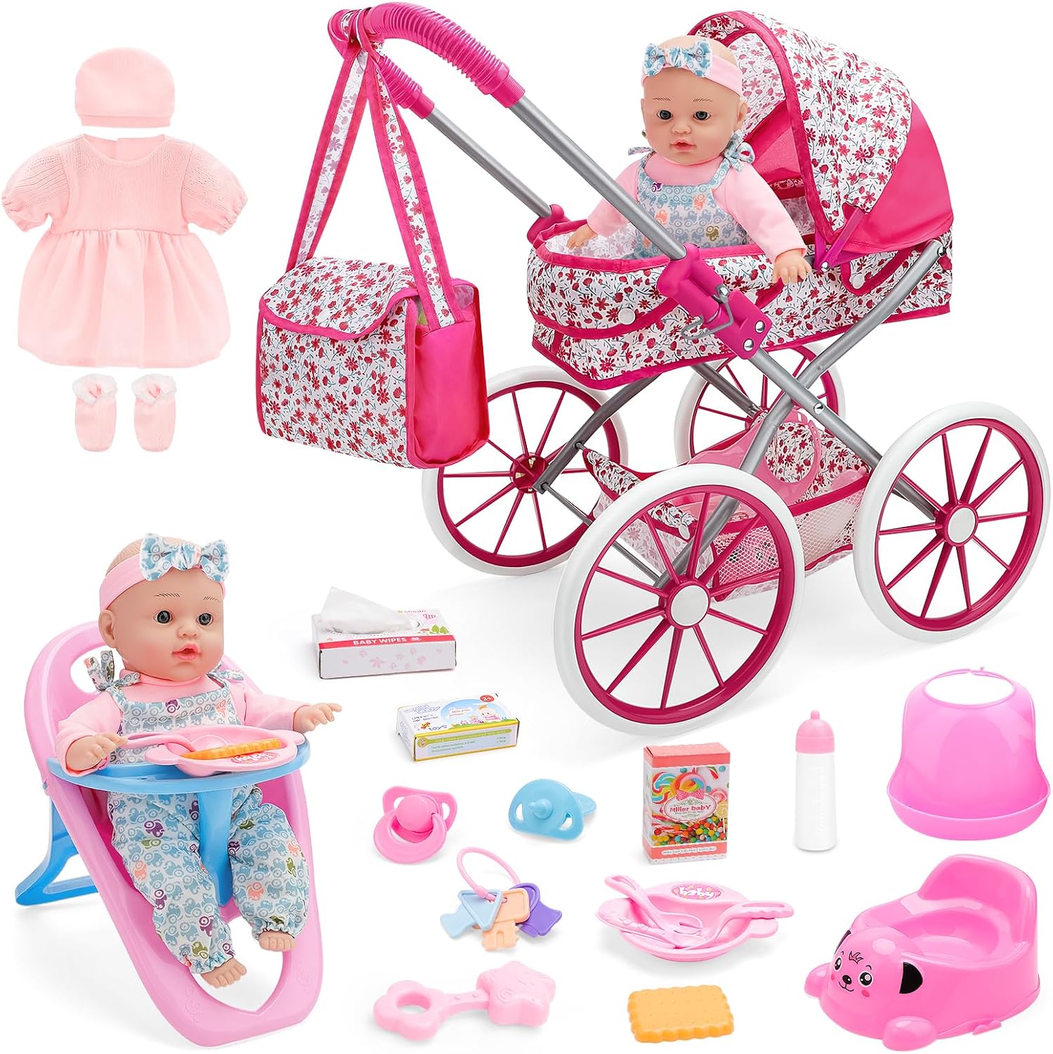 deAO Baby Doll Stroller Set Accessories with Bag Carriage for 12 Inch Dolls