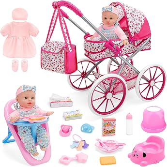 deAO Baby Doll Puppenwagen Set mit Babypuppe 30cm, Kinderwagen H&ouml;he 51cm Puppen Buggy mit Hochstuhl, Tasche, T&ouml;pfchen, Spielg