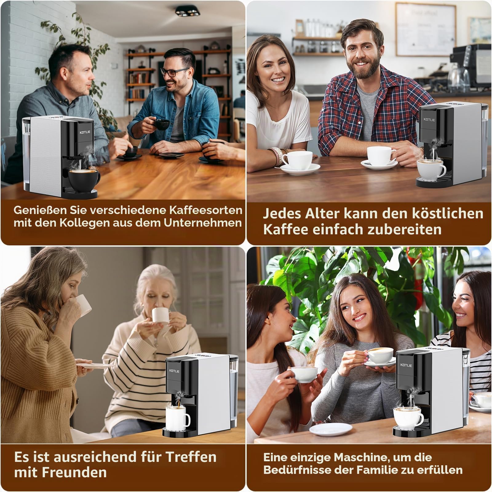 KOTLIE Espresso AC-513K 4-in-1-Kapselmaschine kompatibel mit Nes Original/DG/Kaffeepulver und ESE 44 mm 800 ML