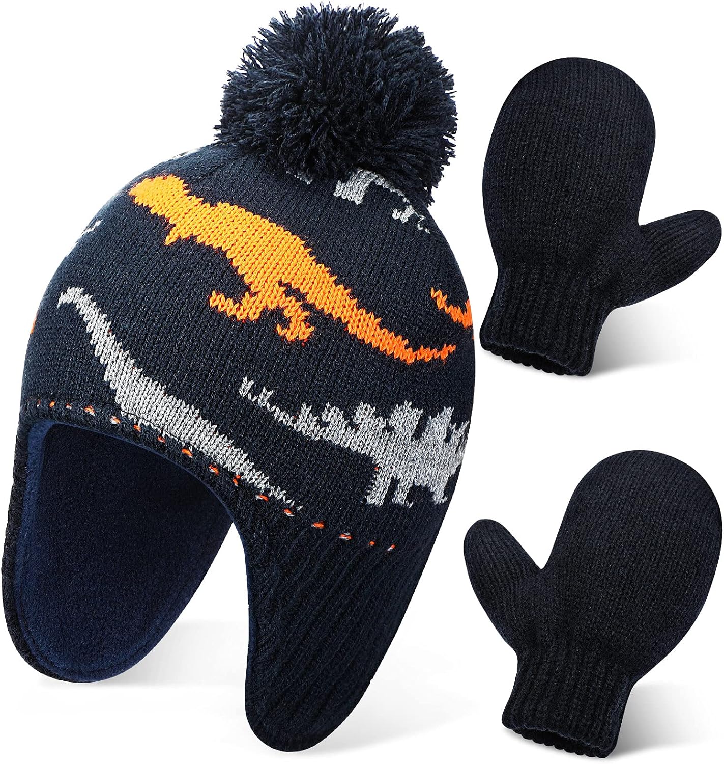 Baby Knitted Winter Hat and Gloves Set, Toddler Knit Snow Lined Hat and Gloves for 1-2 Years Old Girls Boys