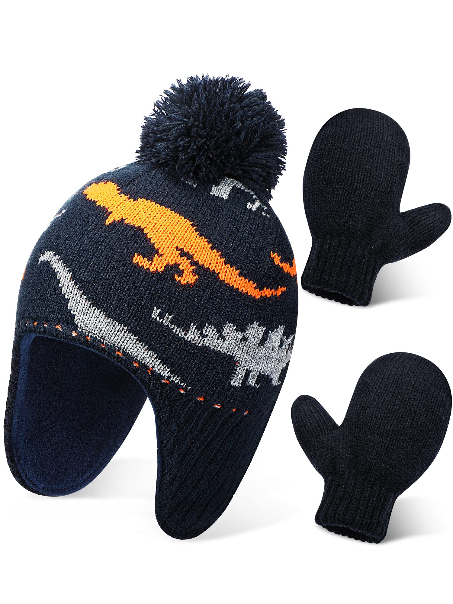 Baby Knitted Winter Hat and Gloves Set, Toddler Knit Beanie Fleece Snow Lined Hat Earflap Ski Cap Warm Knit Hat and Gloves for 1-2 Years Old Girls Boys (Black)