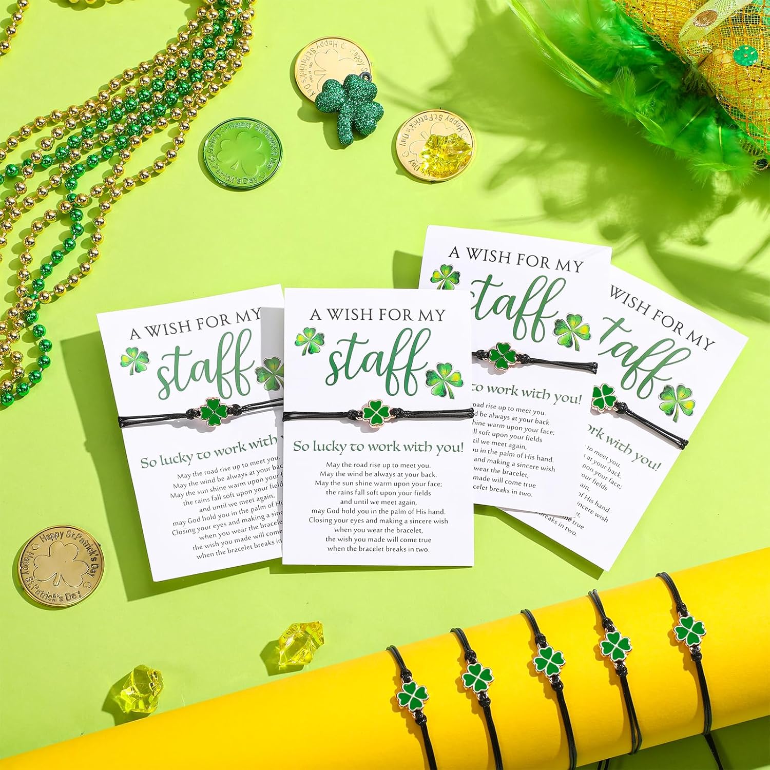 St. Patrick's Day Bracelets Staff Clover Appreciation Bracelets with Gift Cards Irish Lucky Shamrock Gifts for Teamwork Employee Colleague Group