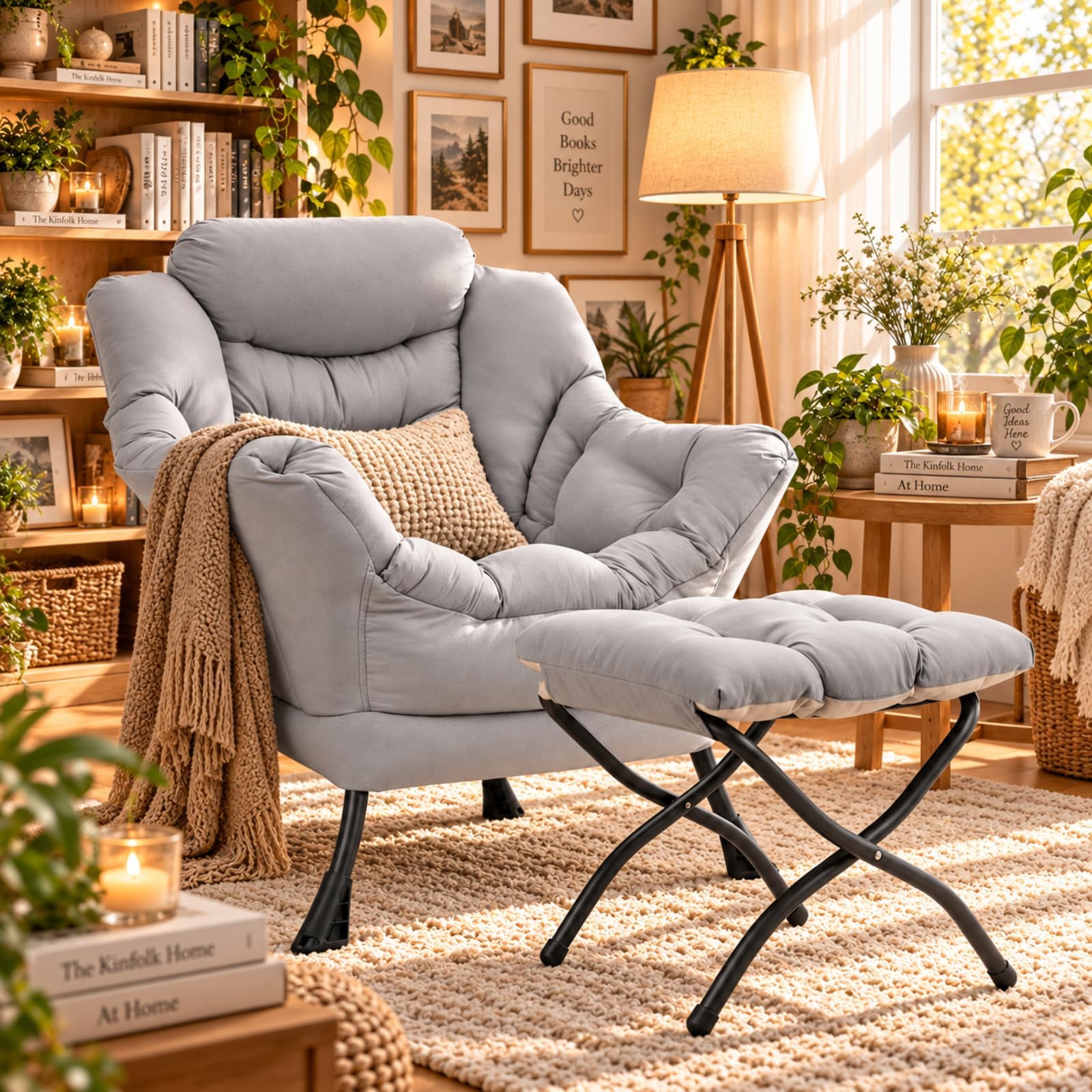 Clevich Arm Chair with Footstool, Lazy Chair Lounge Reading with PP Cotton