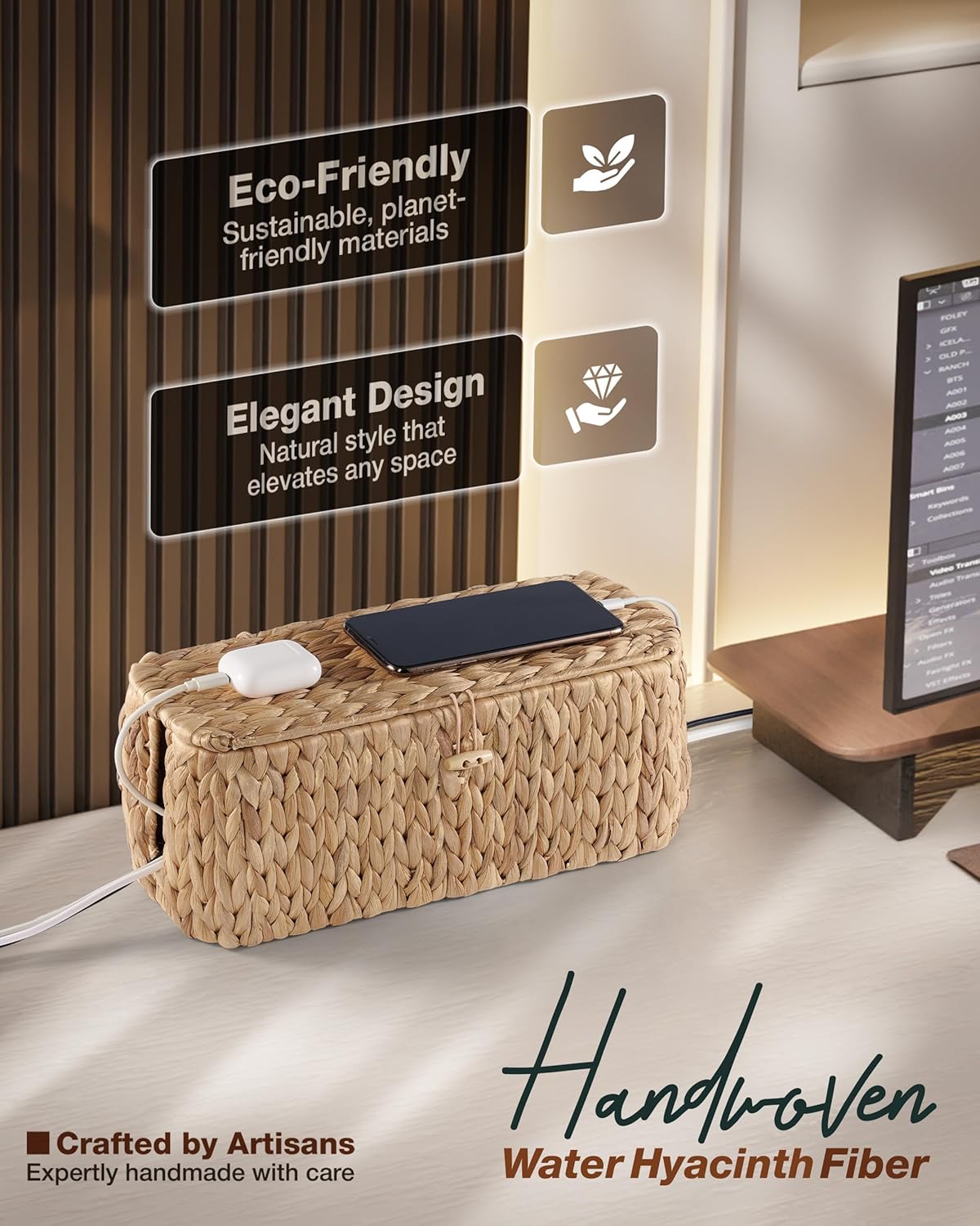 BLUEWEST Cable Management Box, Water Hyacinth Organizer Box, Durable Rattan Cable Organizer with Dual Open Slots for Desk, TV, or Office Cords, Stores Power Strips, USB Hubs, and Wires