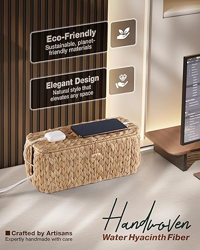 Miniatura 2 de BLUEWEST Caja organizadora de cables, caja organizadora de jacinto de agua, organizador de cables de ratán duradero con ranuras dobles abiertas para