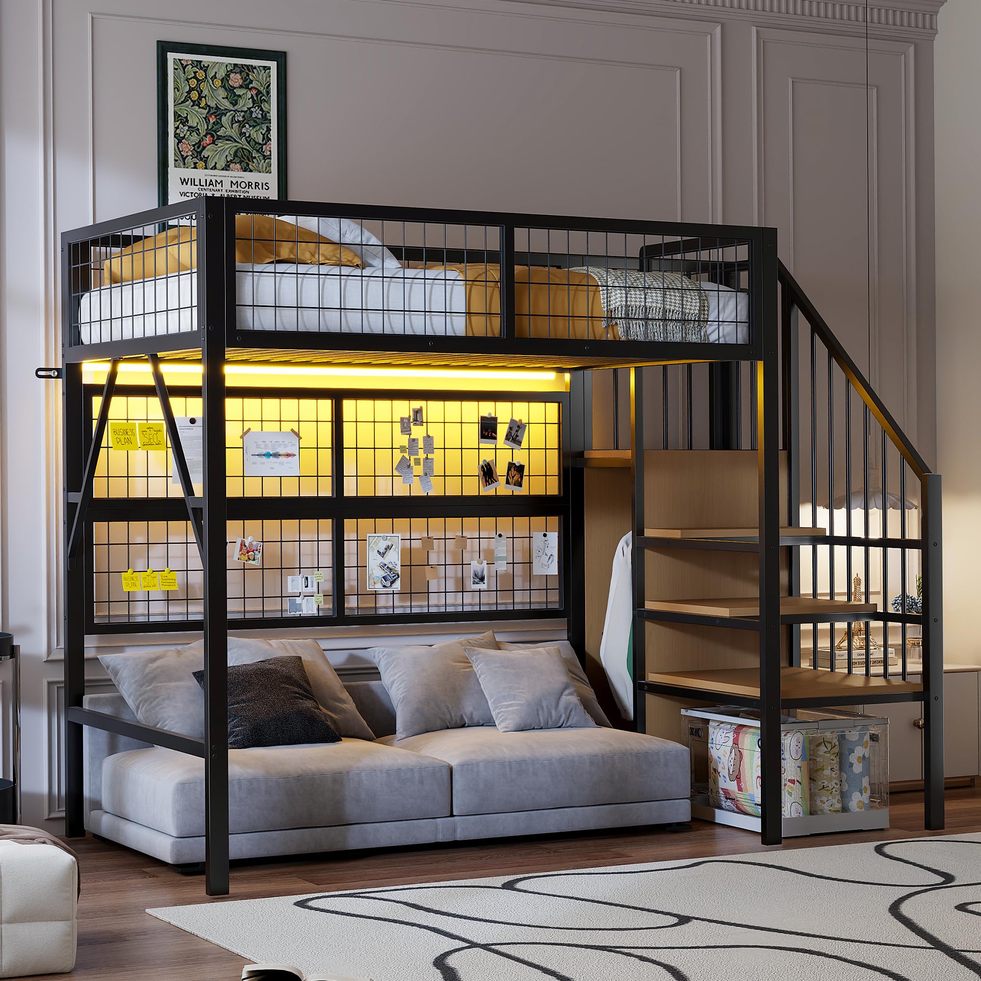 Cama de hierro, litera, 90 x 200 cm, adecuada para niños y jóvenes, con tiras de luz LED controladas por la aplicación, escalera con espacio de almacenamiento, armario abierto, color negro