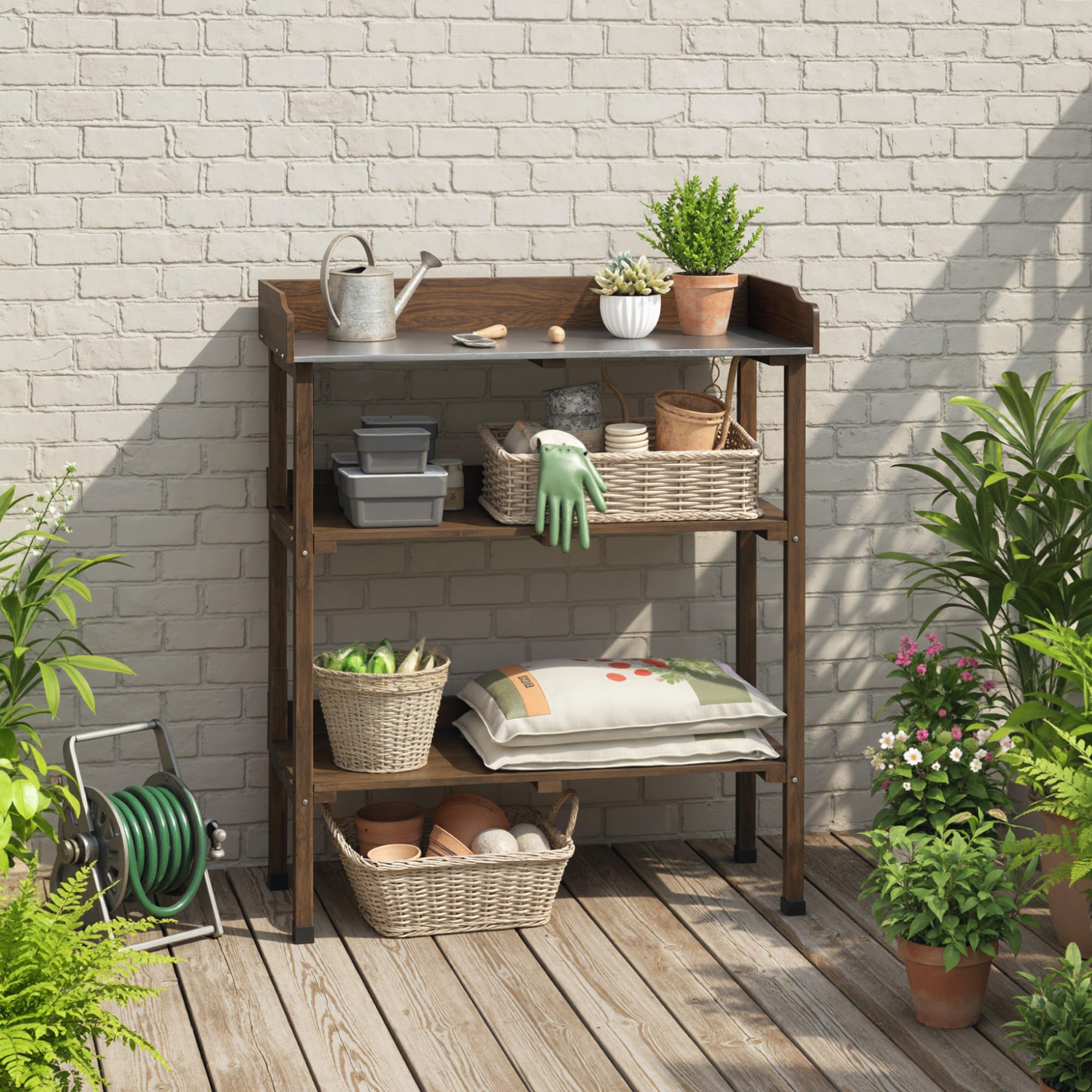 Outsunny Mesa de Plantación de Madera de 3 Niveles, Mesa de Jardinería con Placa Metálica, 2 Estantes y Ganchos, Resistente a la Intemperie, para Jardín, Terraza, Balcón, 76x37x89 cm, Carbonizado