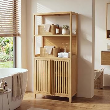 Bamboo Bathroom Storage Cabinet, Solid Wood Kitchen Bakers Rack with 2 Slatted Doors & Open Shelves, Free Standing Floor Organizer Unit for Living Room, Pantry, Easy Assembly