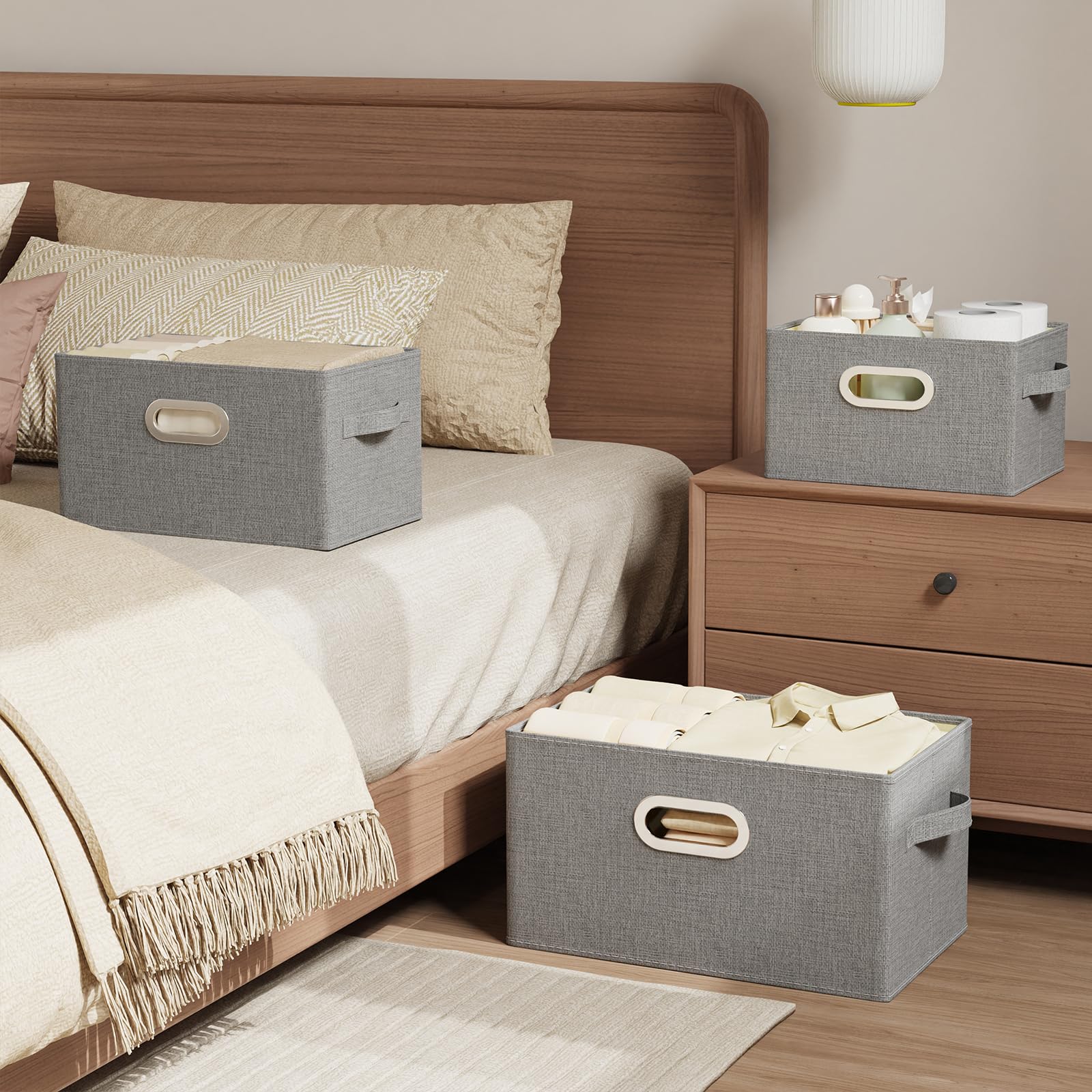 Caja de Almacenamiento con Manija Metálica,38x25x25cm,Gris,4 Piezas | Cesta de Almacenaje con Placa de Soporte PP,Organizador de escritorio con Mango,Lavable Caja para Armario Abatible de Tejidos