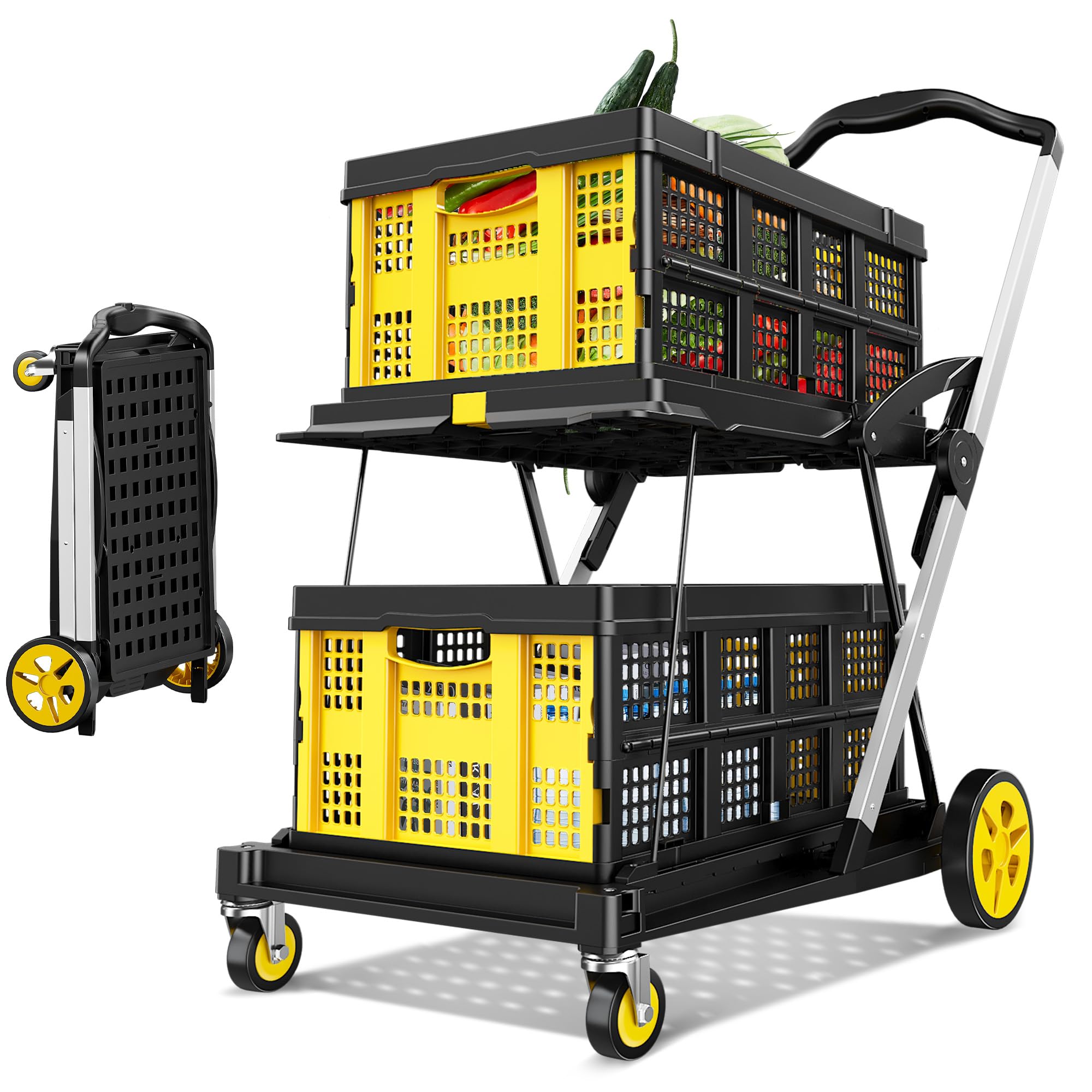 BSMTEK 8-in-1 Max 200LBS Collapsible Shopping Cart on Wheels with 2 Storage Crates, Portable Foldable Shopping Cart with Foot Brake for Picnic,