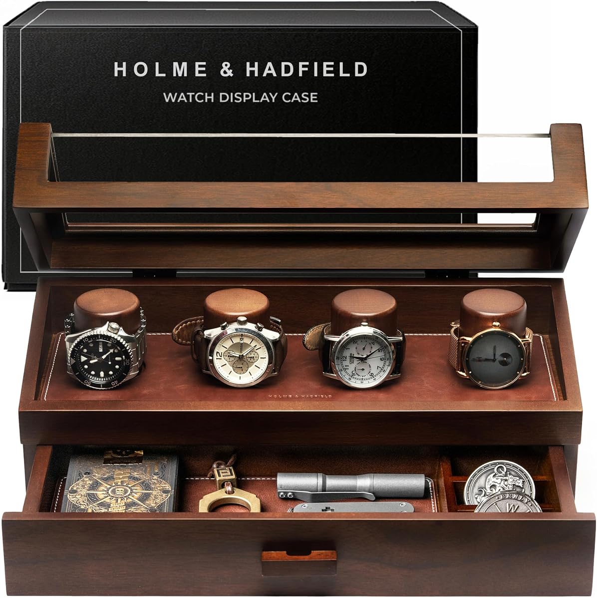 Holme & Hadfield 4 Slot Luxury Watch Display Case with Hinged Cover, Drawer