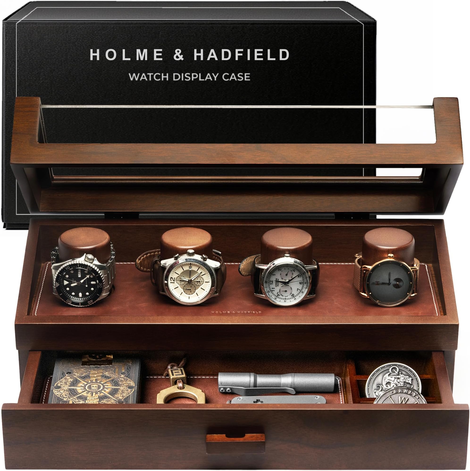 Premium 4 Slot Watch Box for Men (2026 Upgraded) – Wooden Watch Display Case with Hinged Wood Cover, Leather Lining & Drawer – Watch Organizer Stand – Handcrafted Luxury Birthday Gift for Men