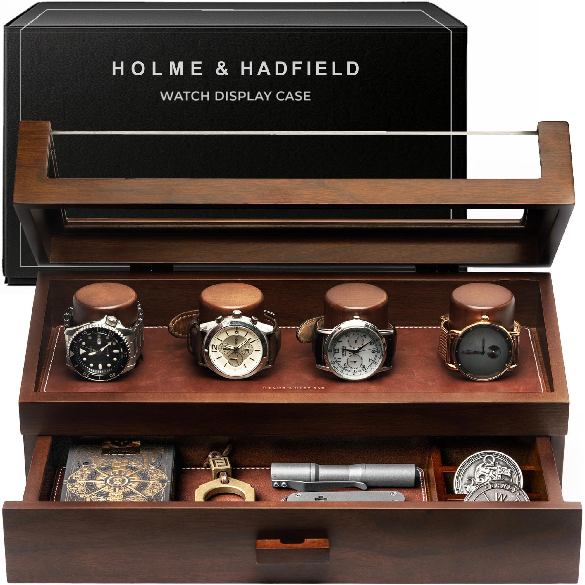 Holme & Hadfield 4 Slot Luxury Watch Display Case with Hinged Cover Drawer product thumbnail 2