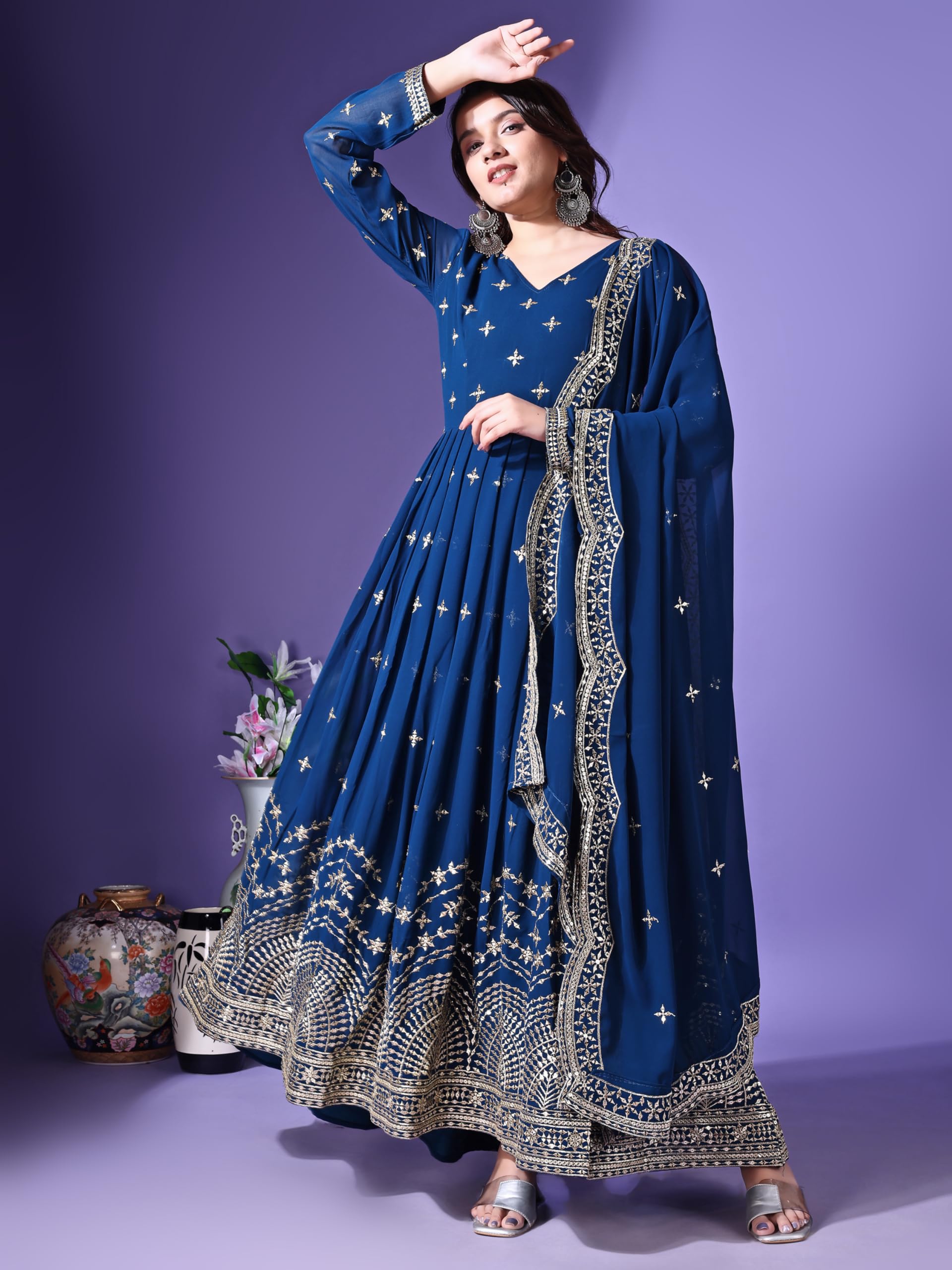 Fashion Basket Faux Georgette Sequins Anarkali Dress For Women (In, Alpha, 2Xl, Regular, Turquoise)