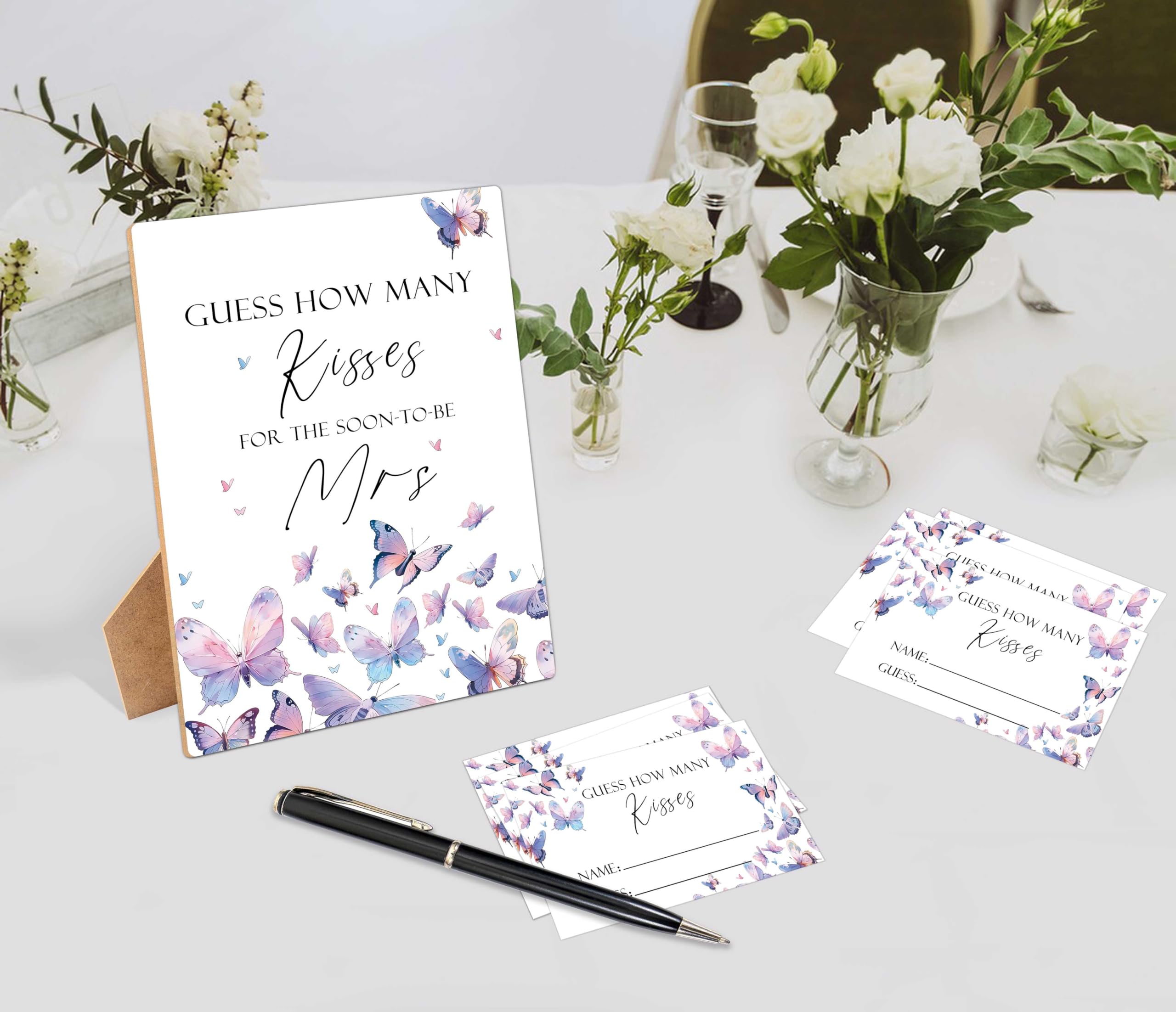 Guess How Many Kisses Bridal Shower Game - Blush Pink Butterfly Sign & 50 Cards For Wedding Parties