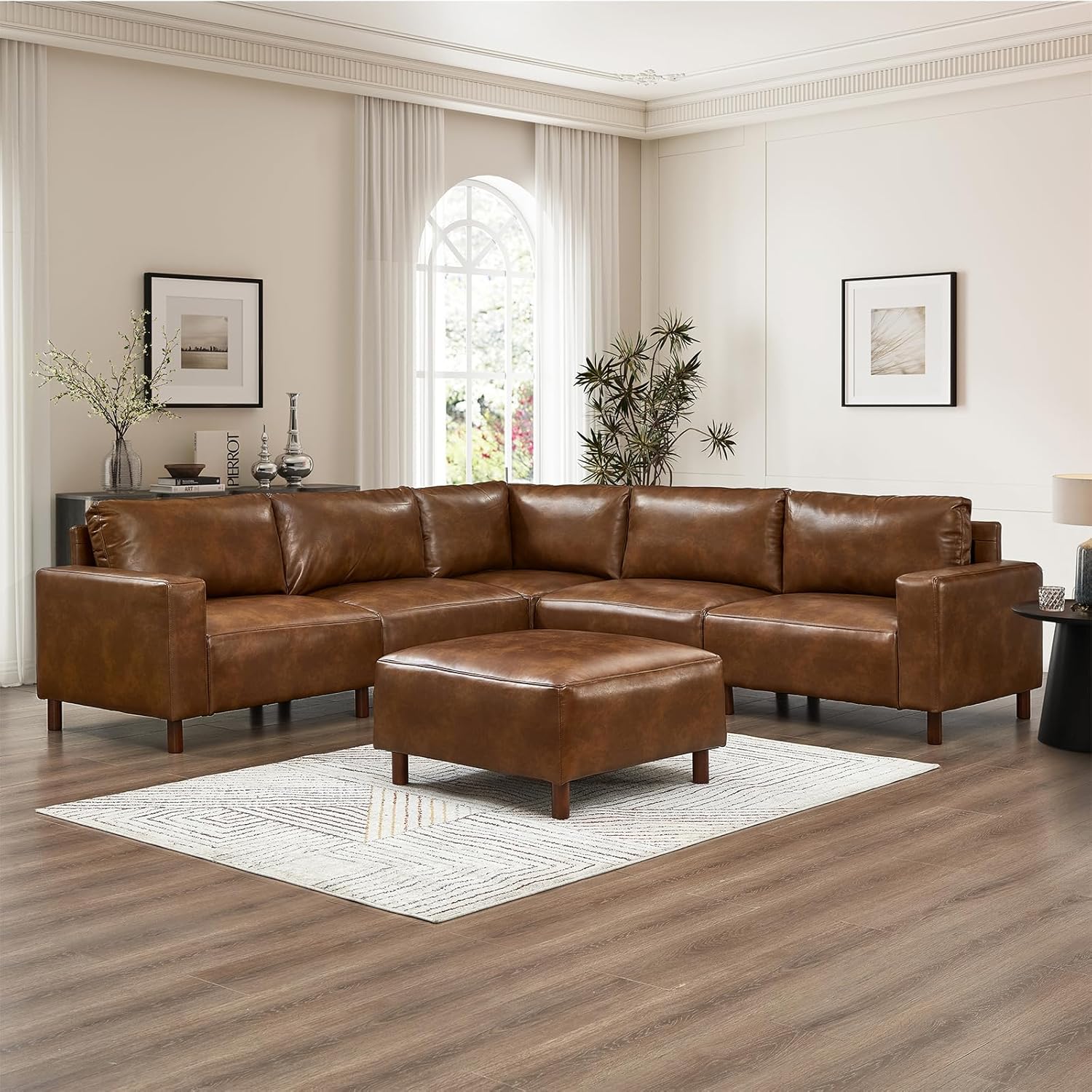 Mid-Century Modern Sofa with Movable Ottoman, PU Leather
