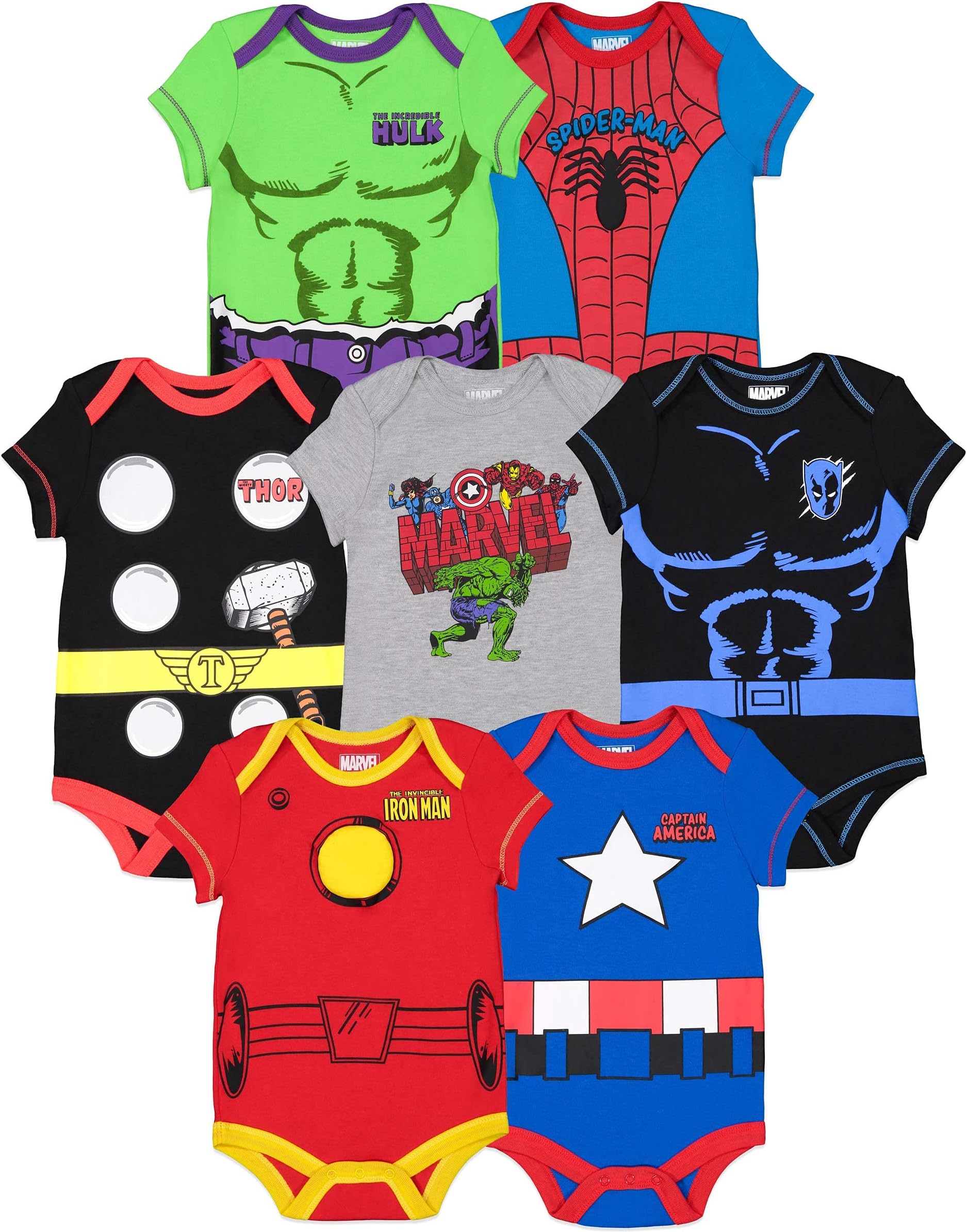 Marvel Avengers Baby 7 Pack Bodysuits Spider-Man Thor Black Panther Iron Man Captain America Hulk