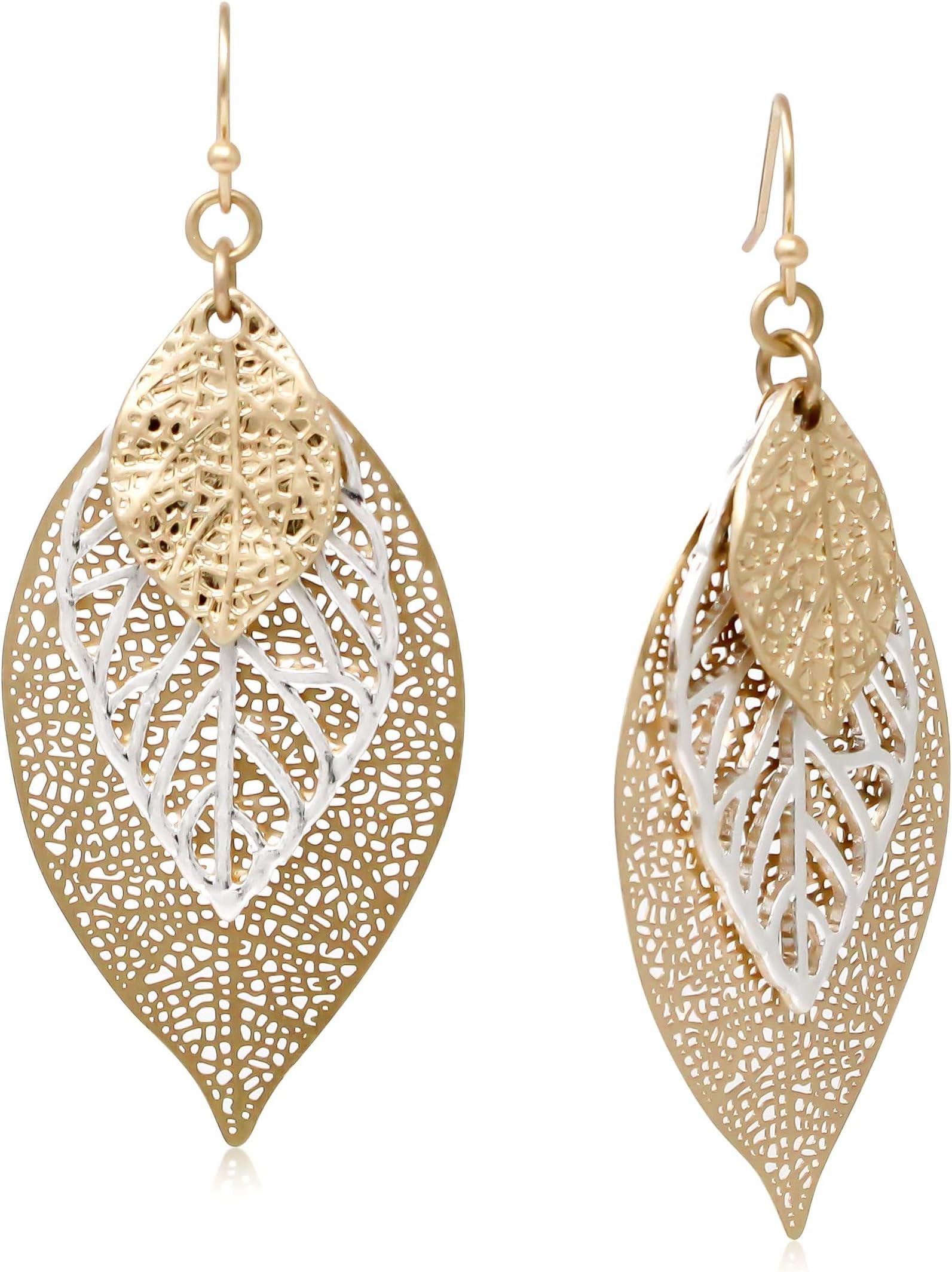 Choco Gold Fashion Fall Leaf Boho Earrings Gold Silver Two Tone Filigree Leaf Dangle Drop Earrings for Women Jewelry Gifts