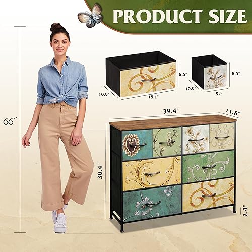 Miniatura 3 de WLIVE Cómoda de 8 cajones para dormitorio, organizador de almacenamiento de cómoda de tela ancha, cómoda con parte superior de madera, marco de