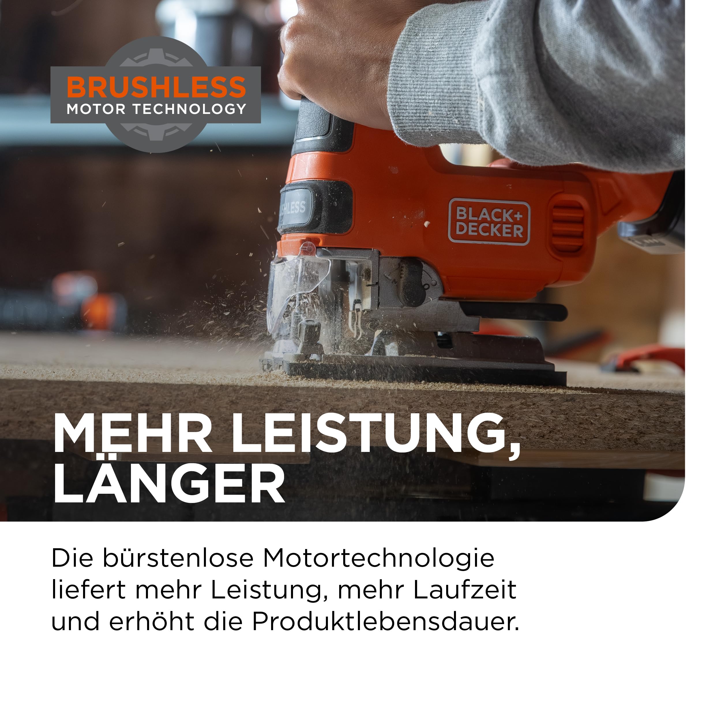 BLACK+DECKER bürstenlose Akku-Stichsäge, 18VSologerät, nur das Werkzeug, mit 6 Sägeblättern, Akkunicht enthalten, BLCJS78NZ-XJ