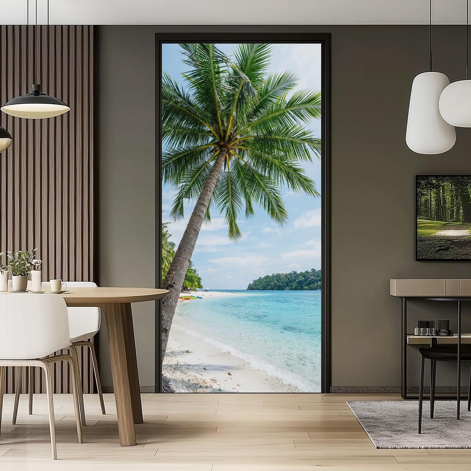 Naturaleza paisaje de playa 3D autoadhesivo para puerta 90 x 200 cm - vinilo para puerta papel pintado pared pared olas tropicales diseño palmeras póster extraíble decoración para dormitorio sala de
