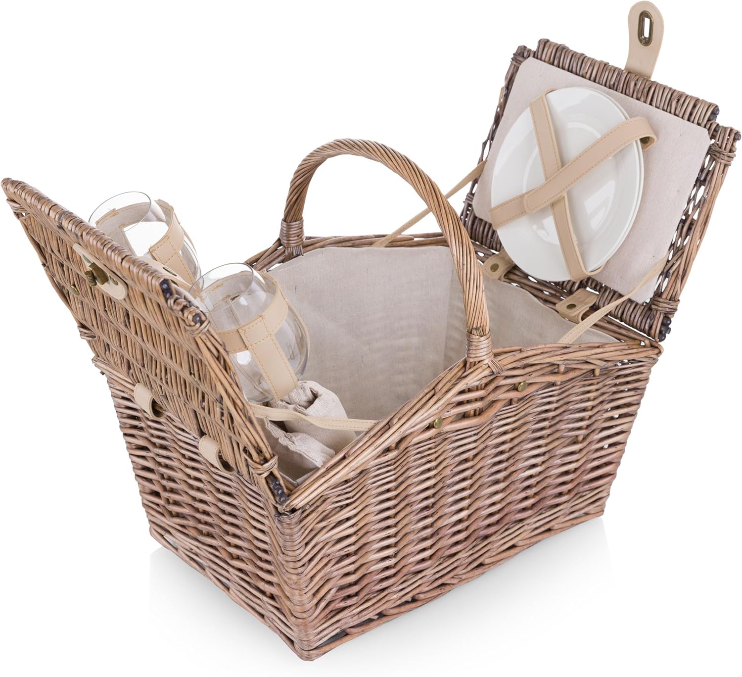 Picnic TIME Piccadilly Picnic Basket for 2, Romantic Vintage English-Style Wooden Basket, Complete Deluxe Service for Two with Fully-Lined Interior and Double-lid Design, (Natural Canvas)